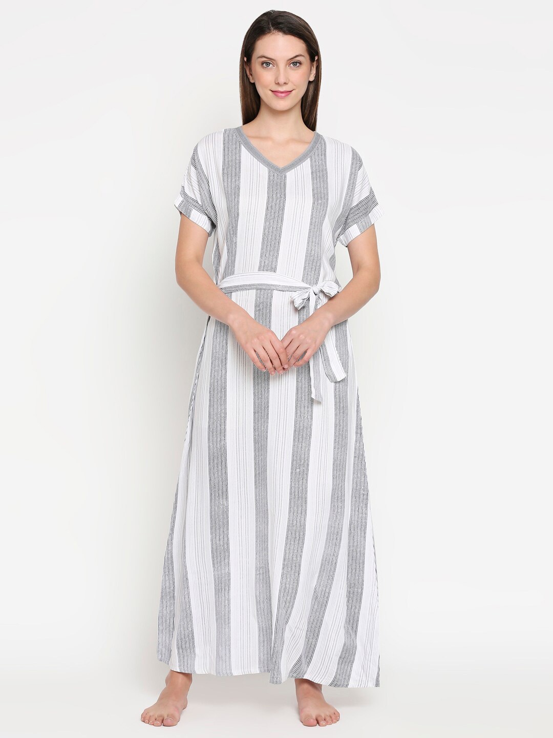

XIN Women White & Grey Striped Nightdress