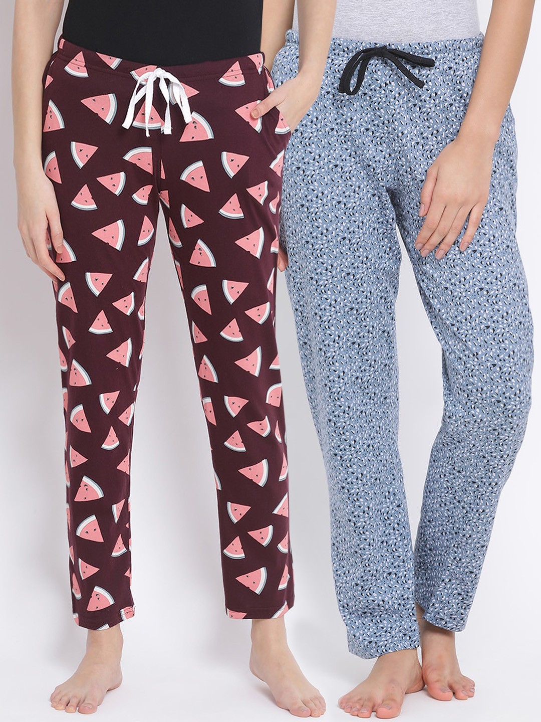 

Kanvin Women Pack of 2 Printed Pure Cotton Lounge Pants, Burgundy