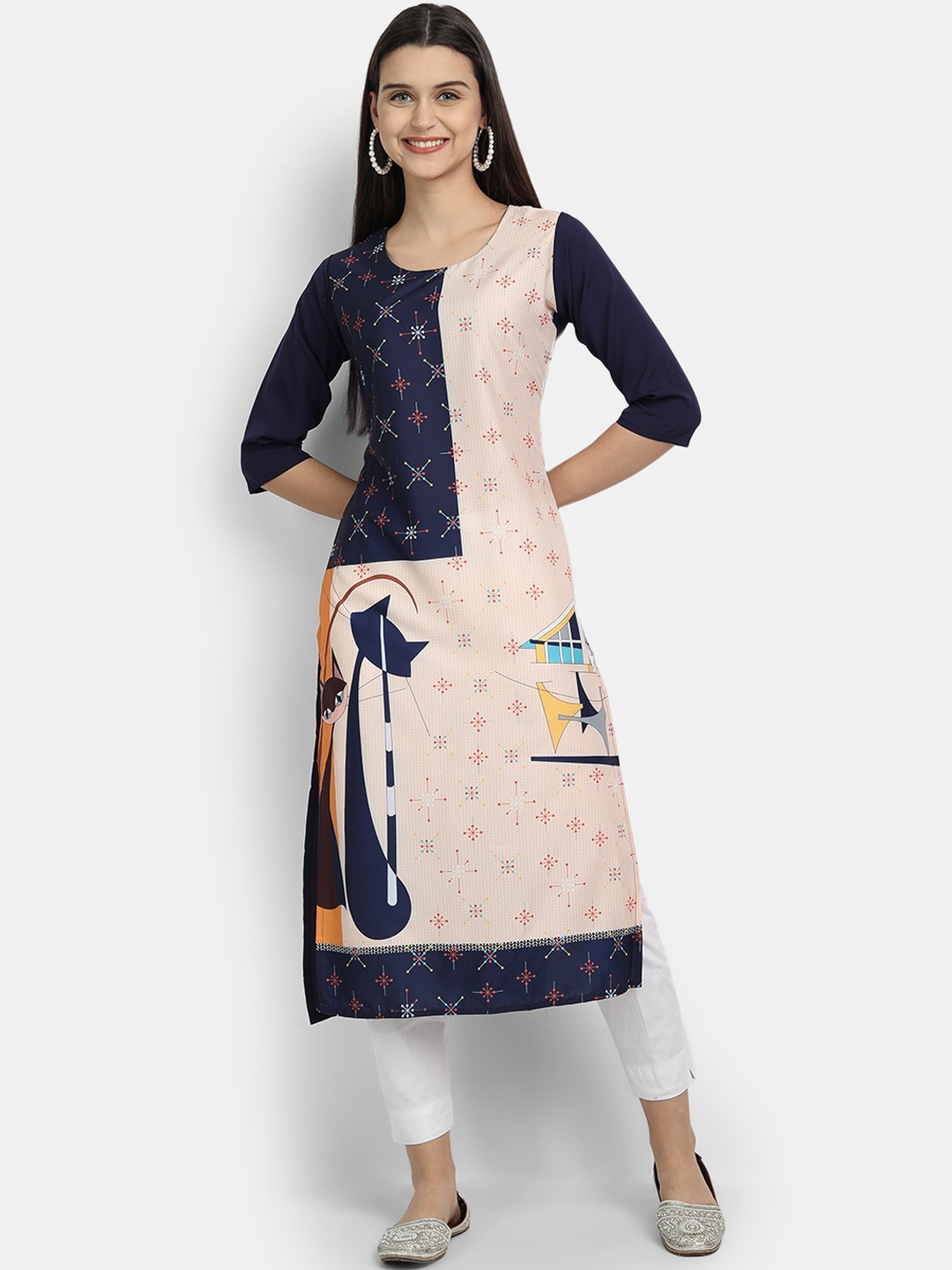 

Ethnic basket Women Beige & Navy Blue Printed Crepe Kurta