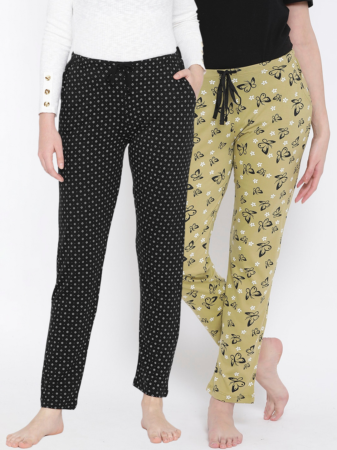 

Kanvin Women Pack of 2 Printed Pure Cotton Lounge Pants, Mustard