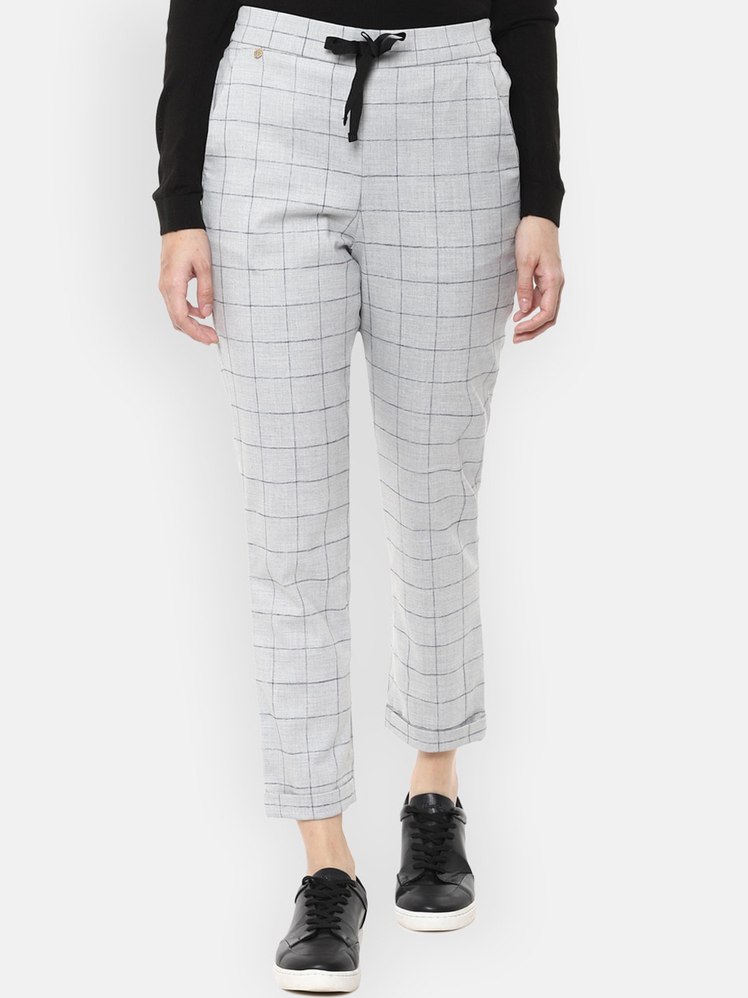 

Van Heusen Woman Grey & Black Slim Fit Checked Regular Trousers