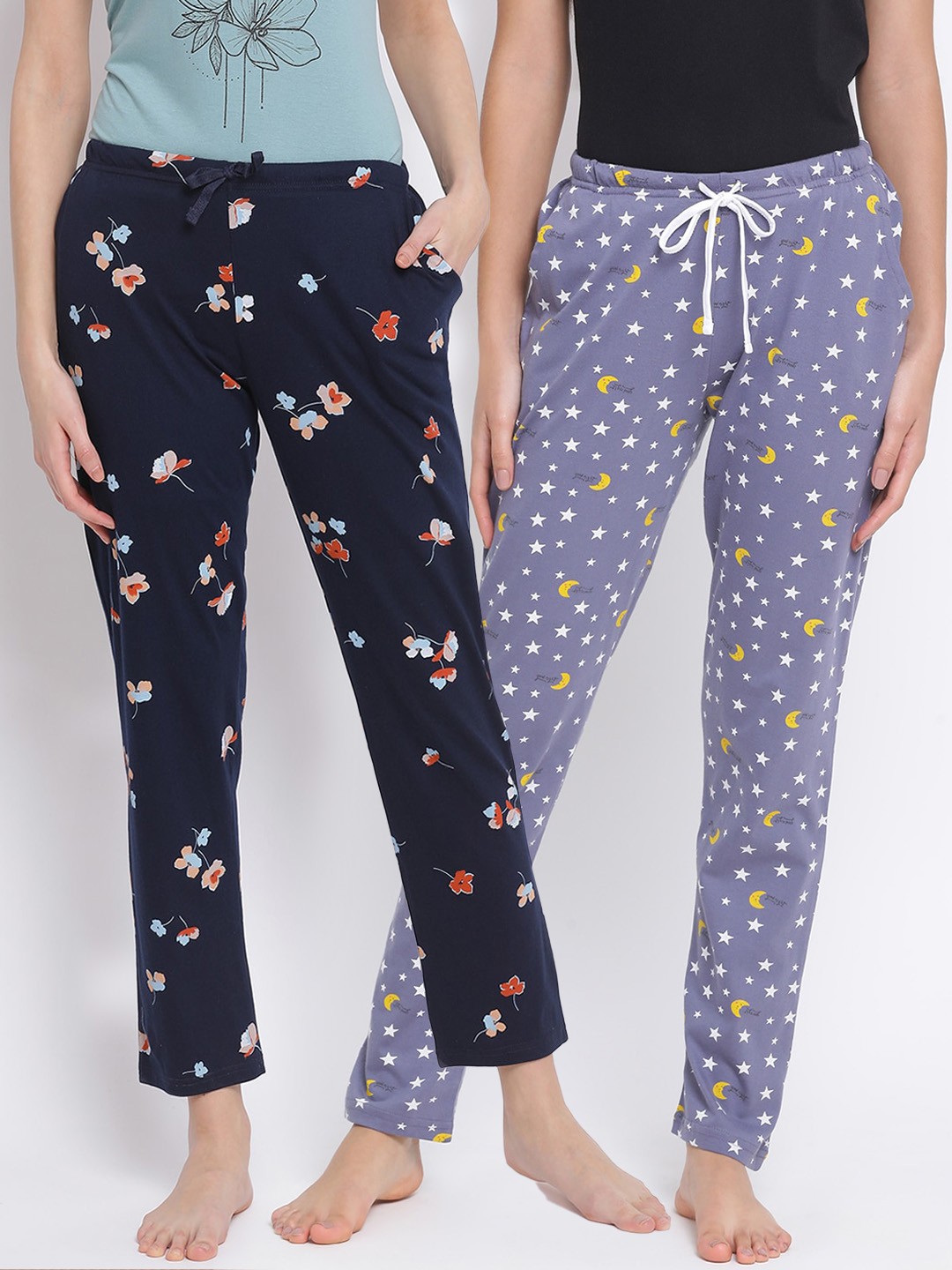 

Kanvin Women Pack of 2 Printed Pure Cotton Lounge Pants, Navy blue