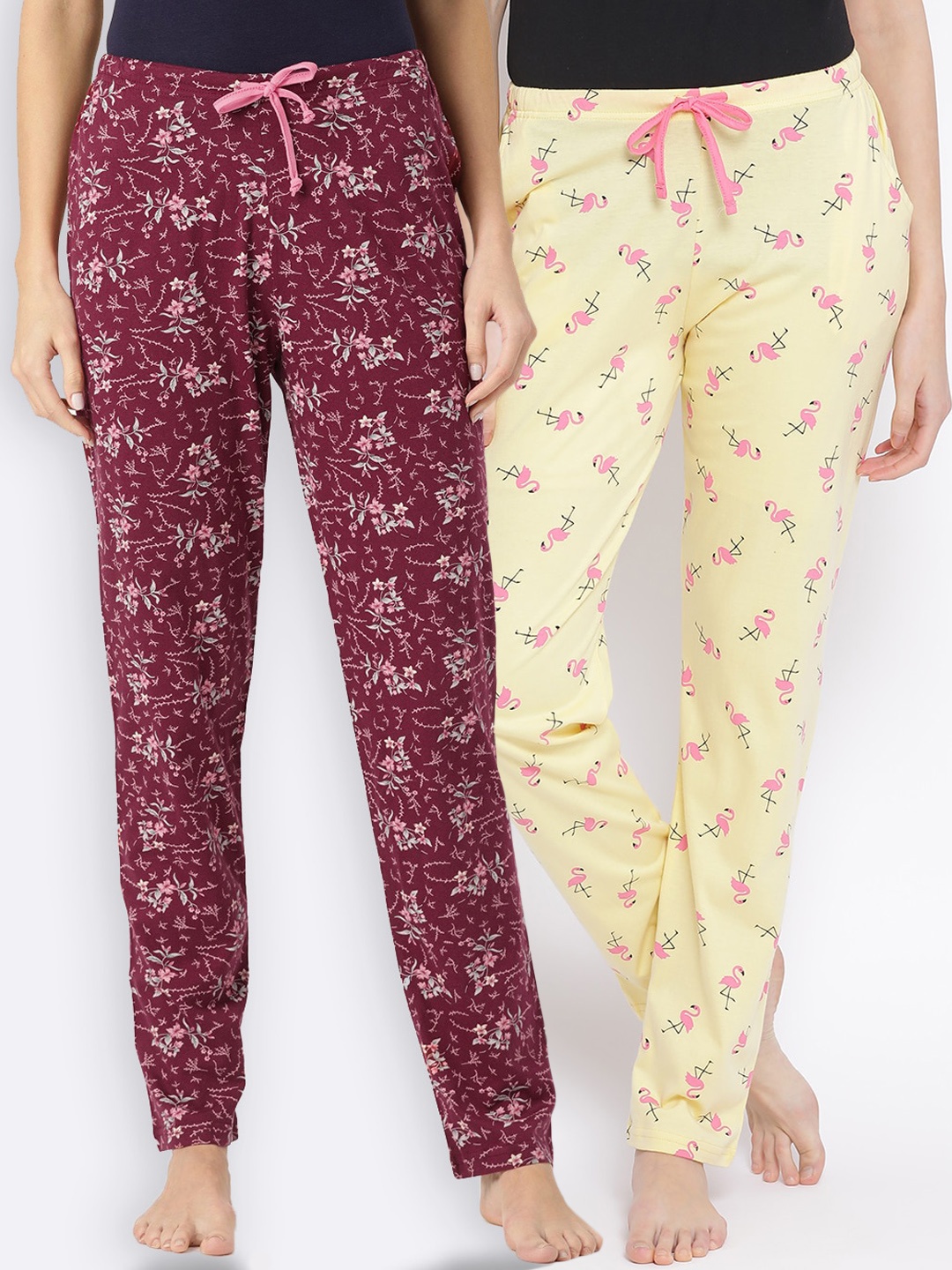 

Kanvin Women Pack of 2 Printed Pure Cotton Lounge Pants, Yellow