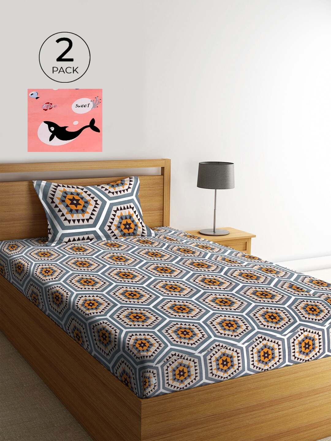 

KLOTTHE Multi Geometric Cotton 2 Single Bedsheet with 2 Pillow Covers, Grey