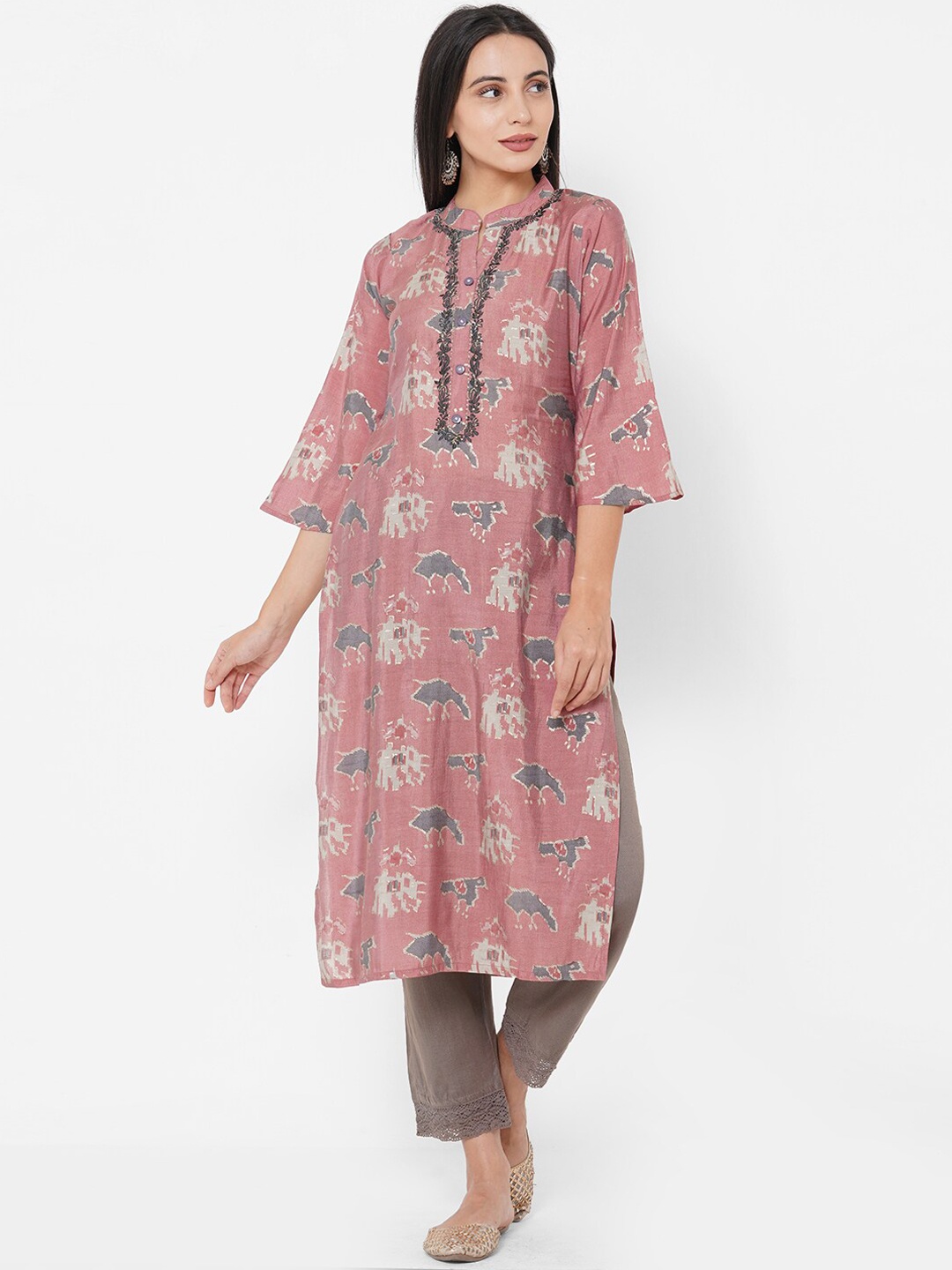 

FASHOR Women Pink & Grey Printed Bell Sleeves Thread Work Kurta