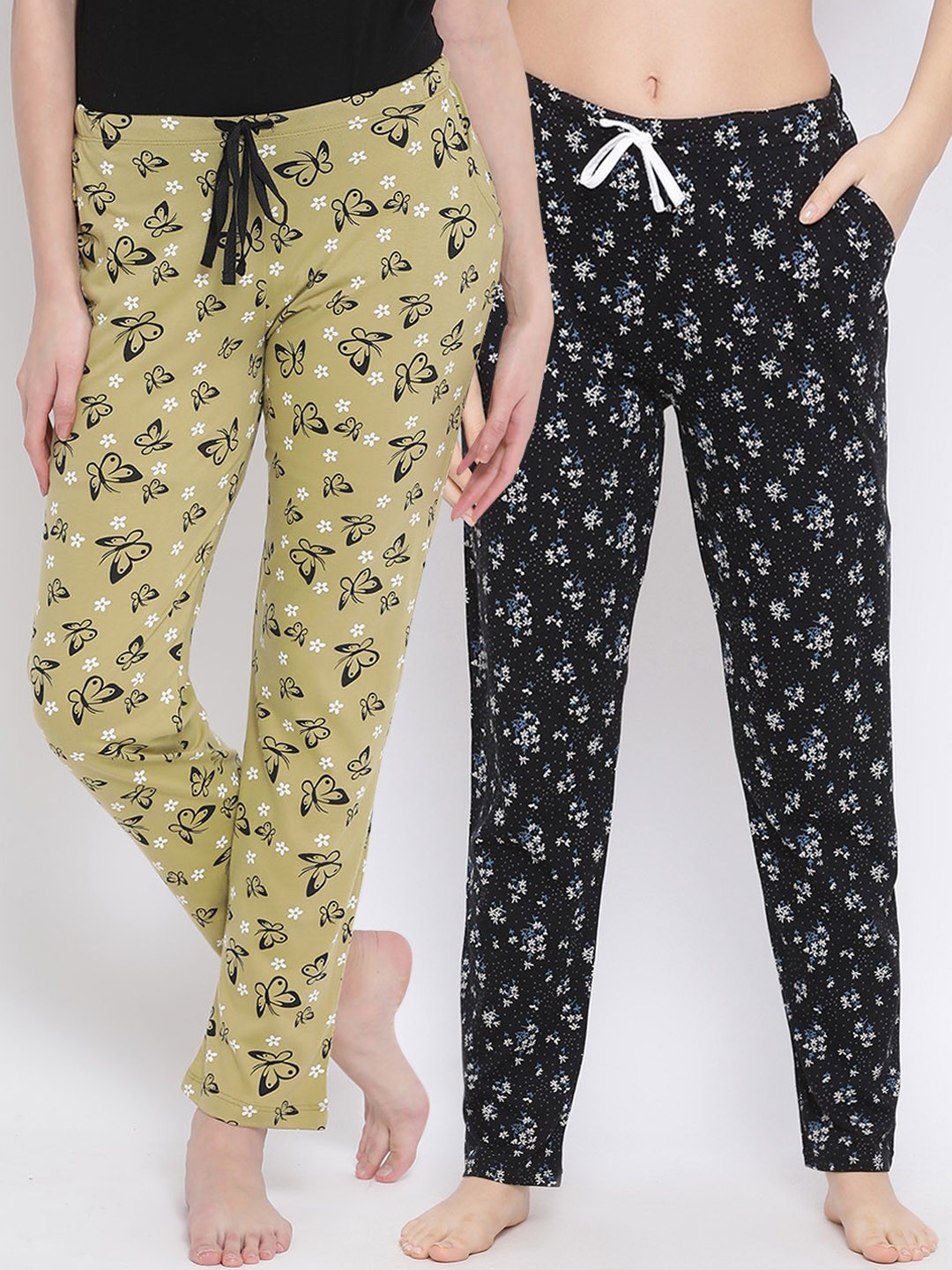 

Kanvin Women Pack of 2 Printed Pure Cotton Lounge Pants, Mustard