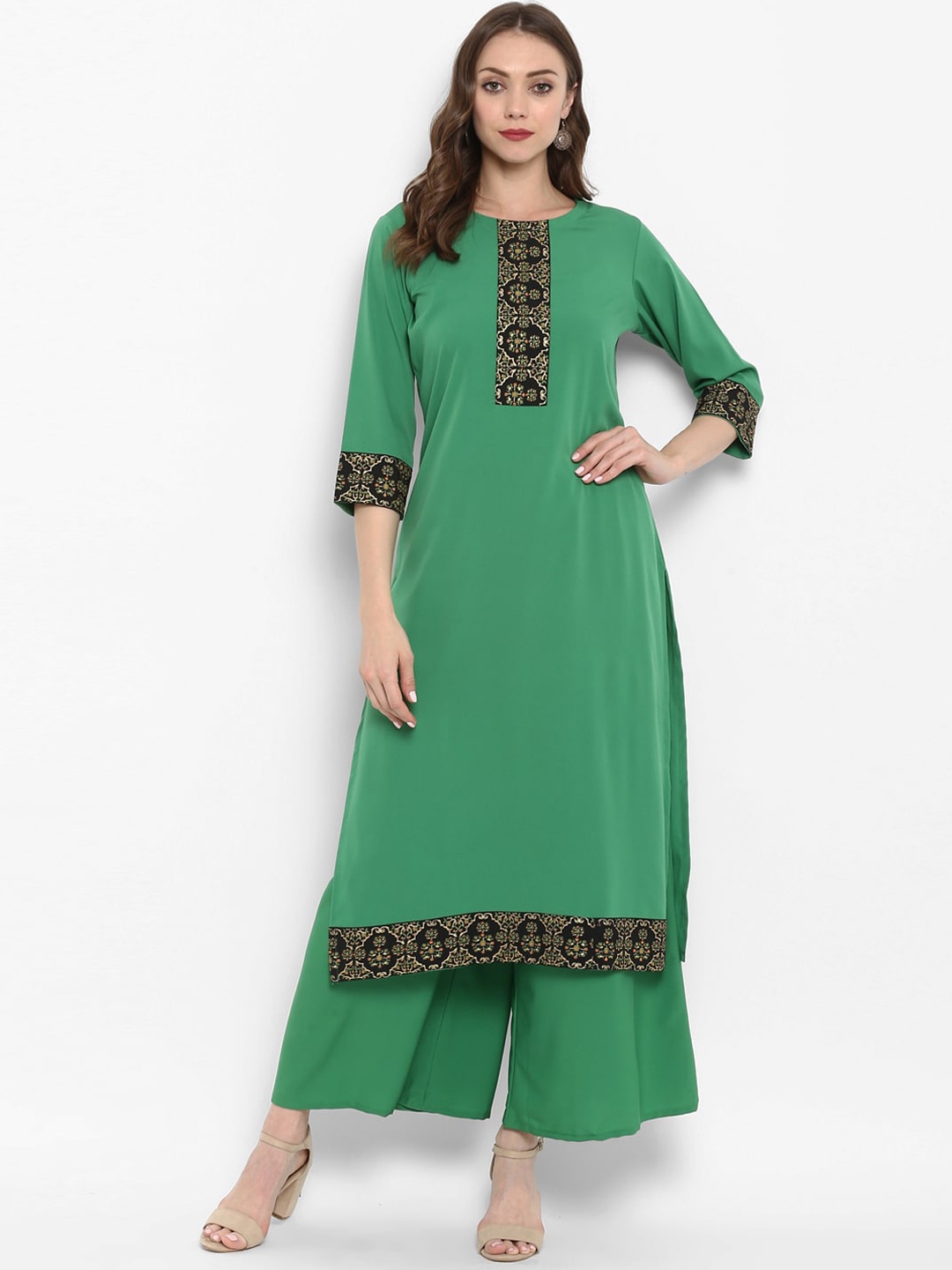 

ZIYAA Women Green Ethnic Motifs Yoke Design Regular Straight Kurti & Palazzos