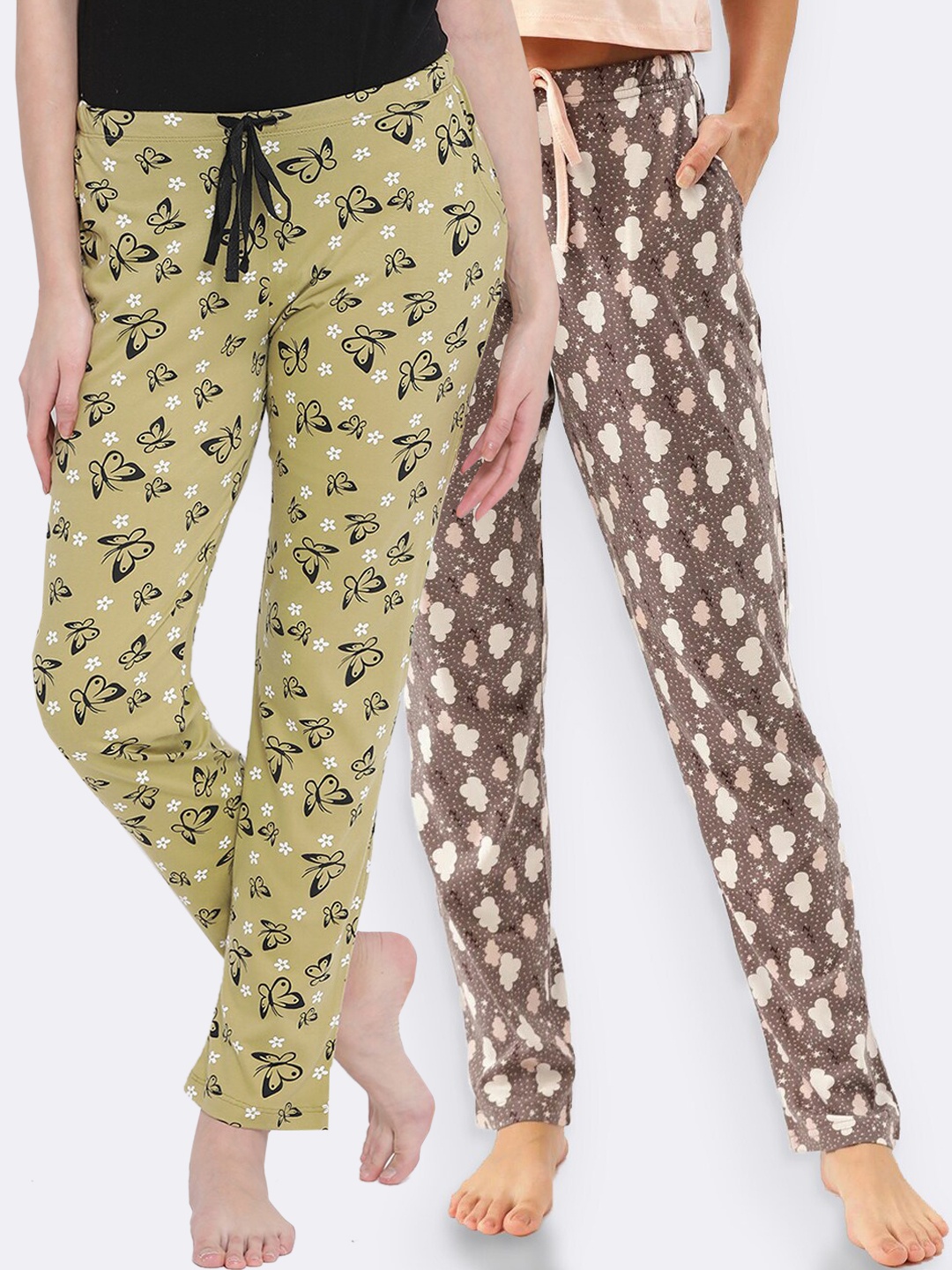 

Kanvin Women Pack of 2 Printed Pure Cotton Lounge Pants, Mustard