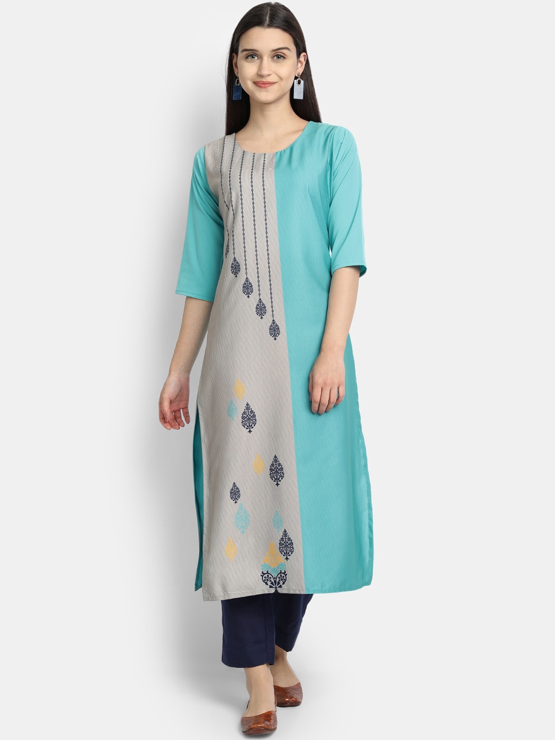 

Ethnic basket Women Blue & Grey Striped Crepe Kurta