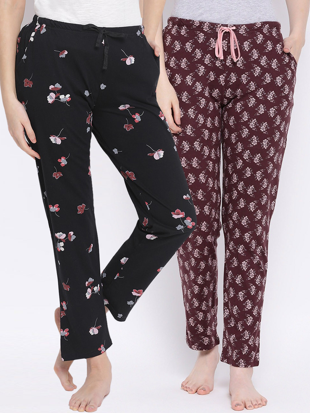 

Kanvin Women Pack of 2 Printed Cotton Lounge Pants, Black