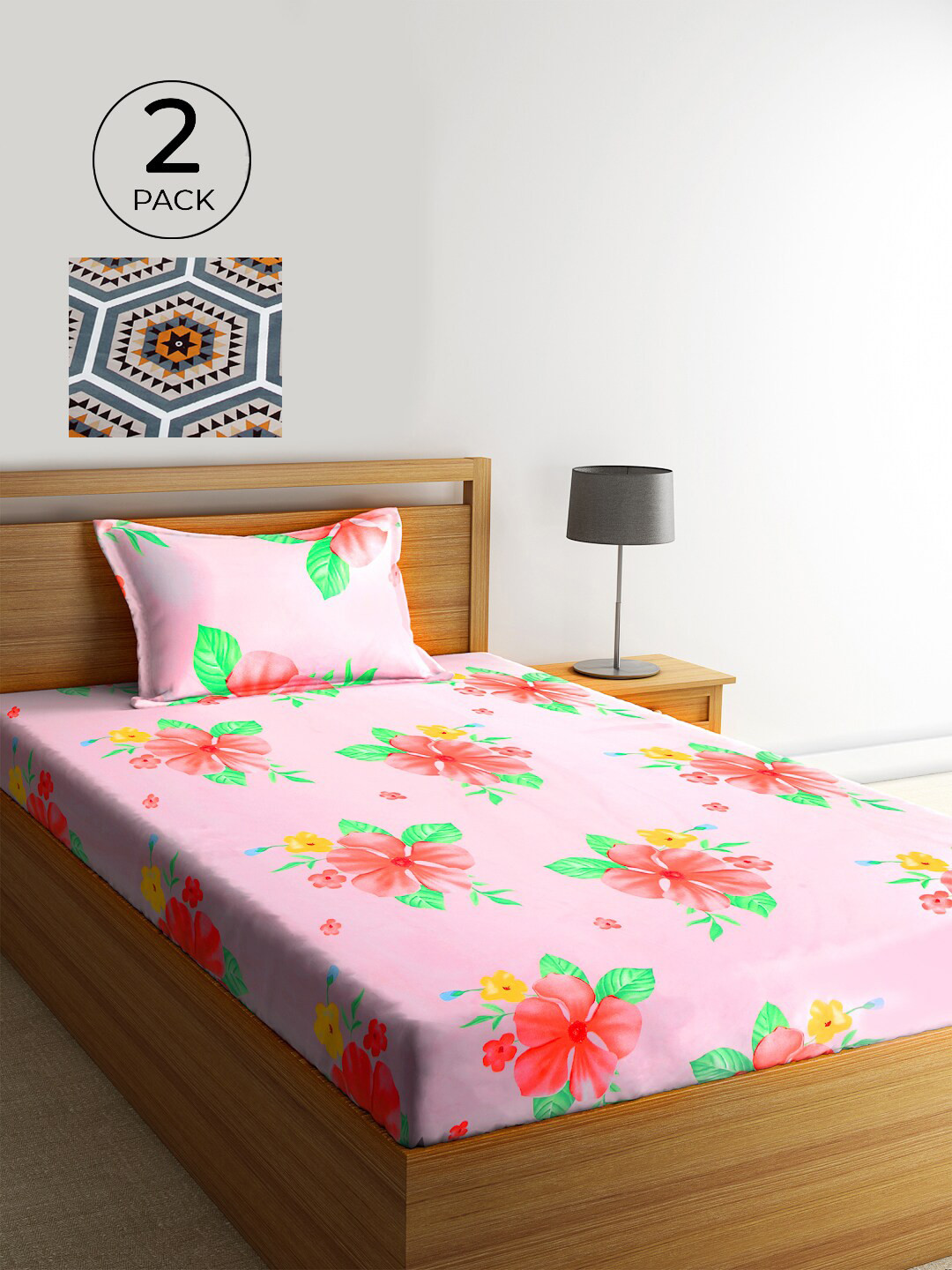 

KLOTTHE Pink & White Floral 210 TC Polycotton 2 Single Bedsheet with 2 Pillow Covers