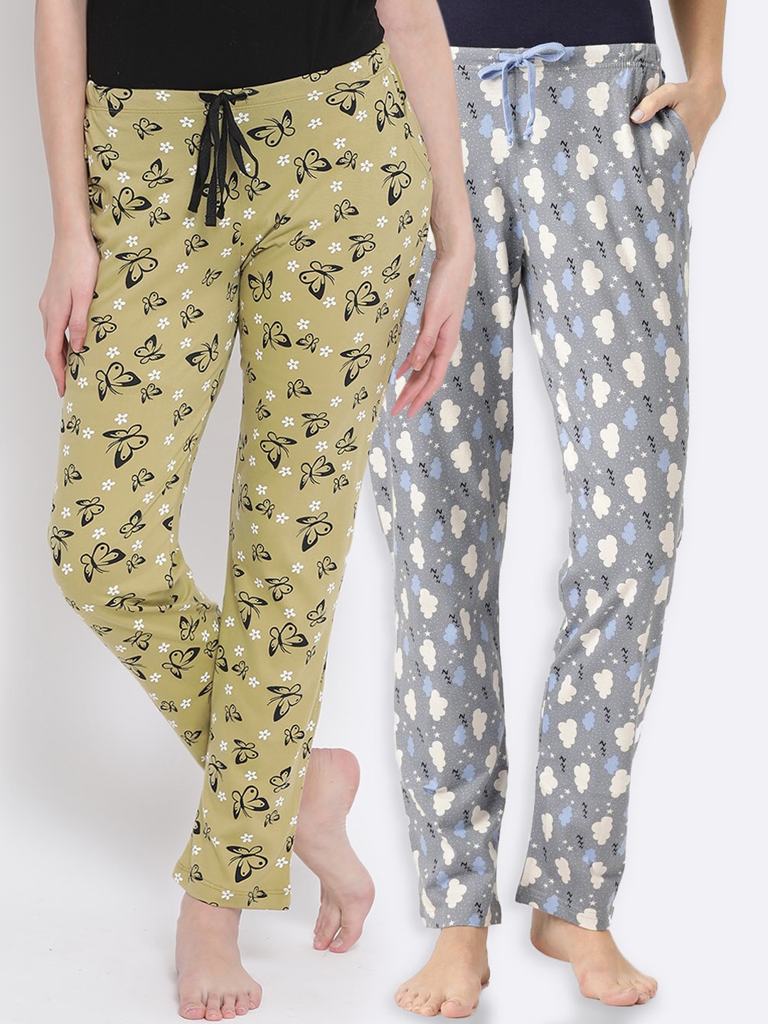 

Kanvin Women Pack of 2 Printed Pure Cotton Lounge Pants, Mustard