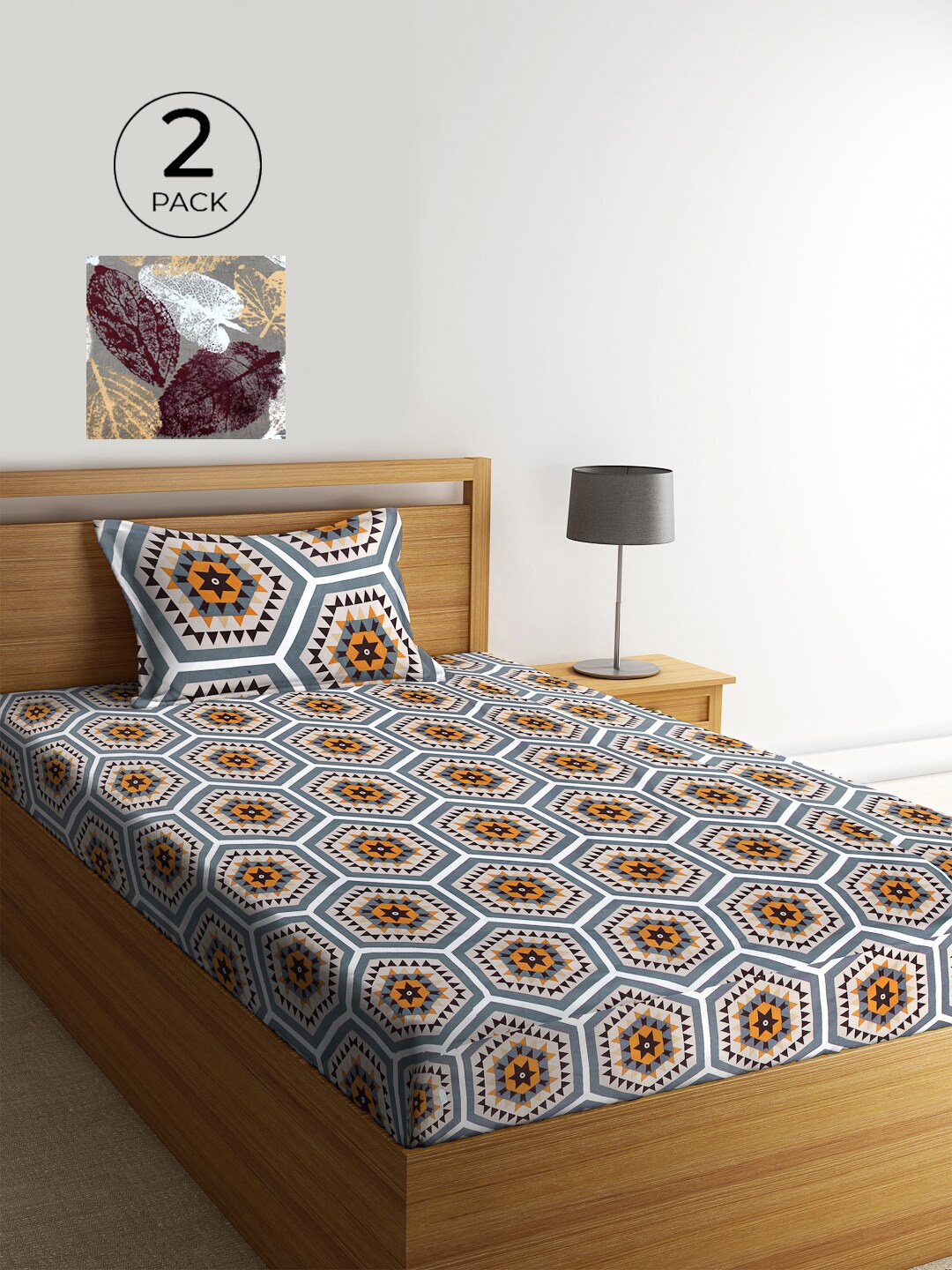 

KLOTTHE Grey & White Geometric 210 TC Polycotton 2 Single Bedsheet with 2 Pillow Covers