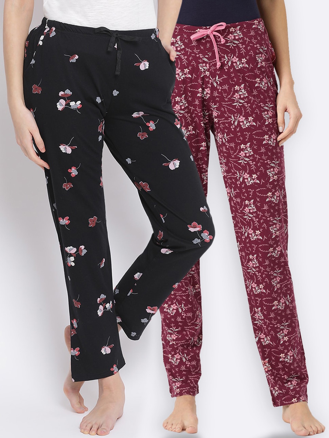 

Kanvin Women Pack Of 2 Floral Printed Cotton Lounge Pants, Black