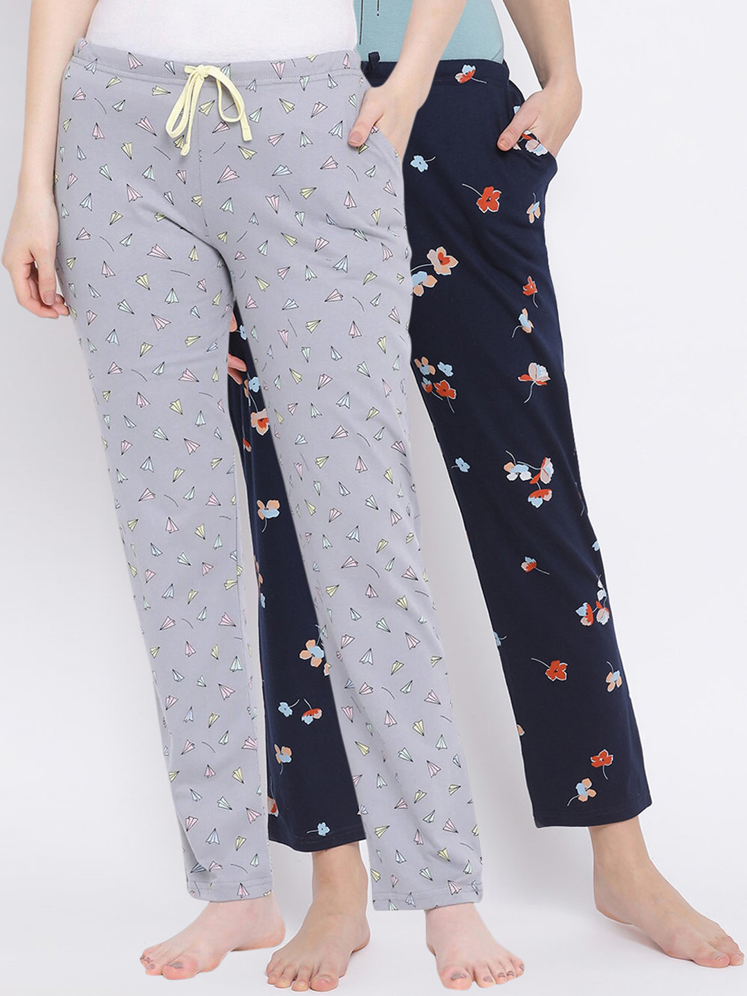 

Kanvin Women Pack of 2 Printed Pure Cotton Lounge Pants, Navy blue