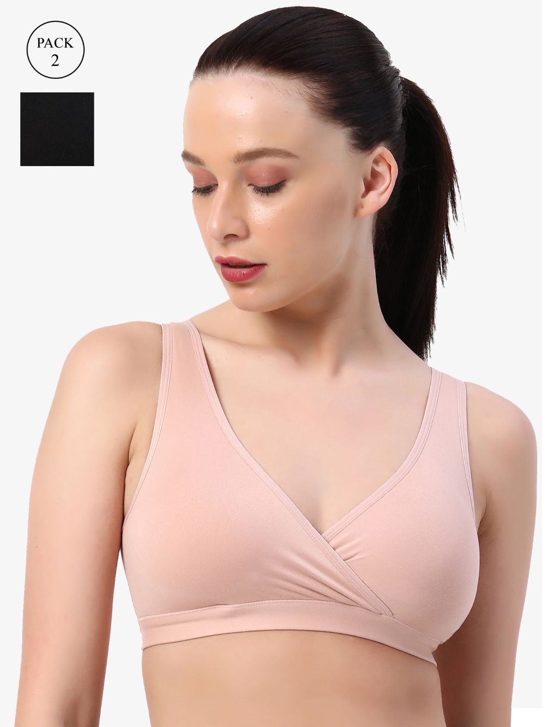 

SOIE Women Non Padded Non Wired Lounge Bra with Removable Cups-Pack of 2, Black