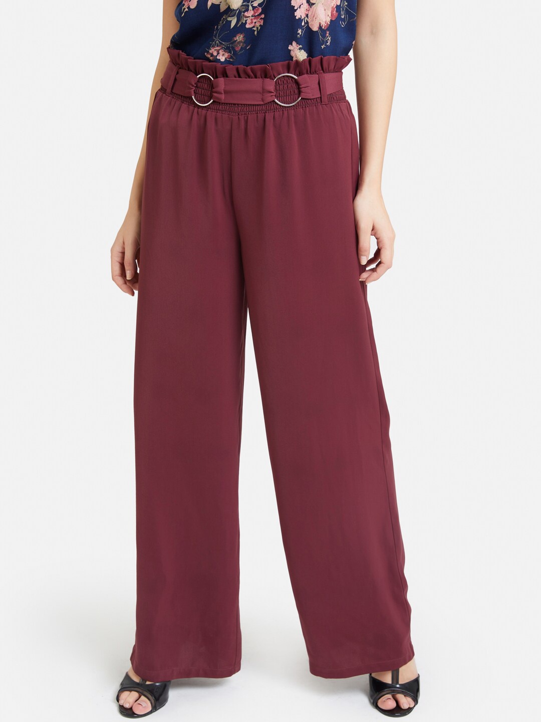 

Kazo Women Maroon Solid Wide Leg Palazzos With Smocking At Waist