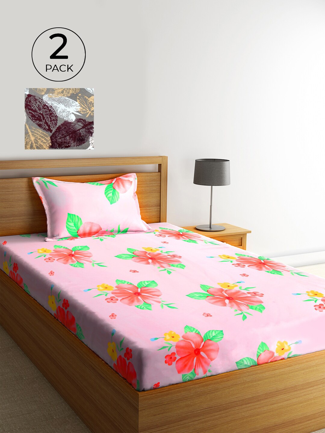 

KLOTTHE Pink & Green Floral 210 TC Polycotton 2 Single Bedsheet with 2 Pillow Covers