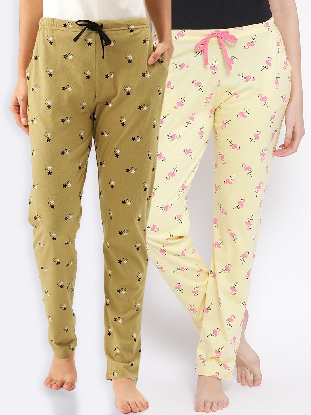 

Kanvin Women Pack of 2 Printed Pure Cotton Lounge Pants, Yellow