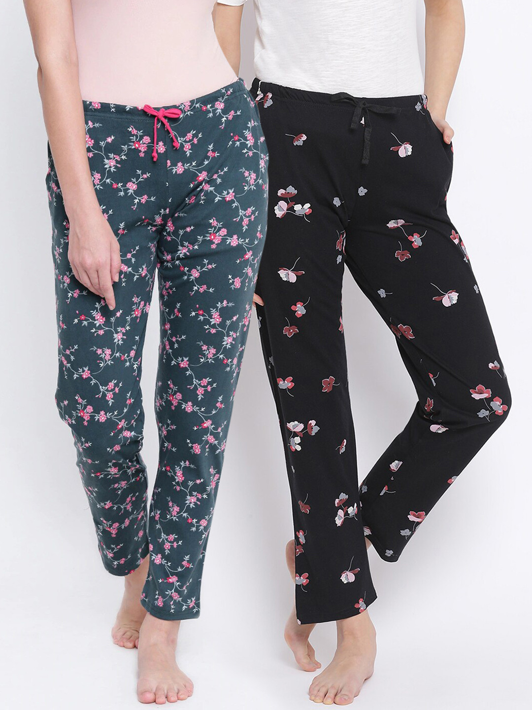

Kanvin Women Pack of 2 Floral Print Pure Cotton Lounge Pants, Black