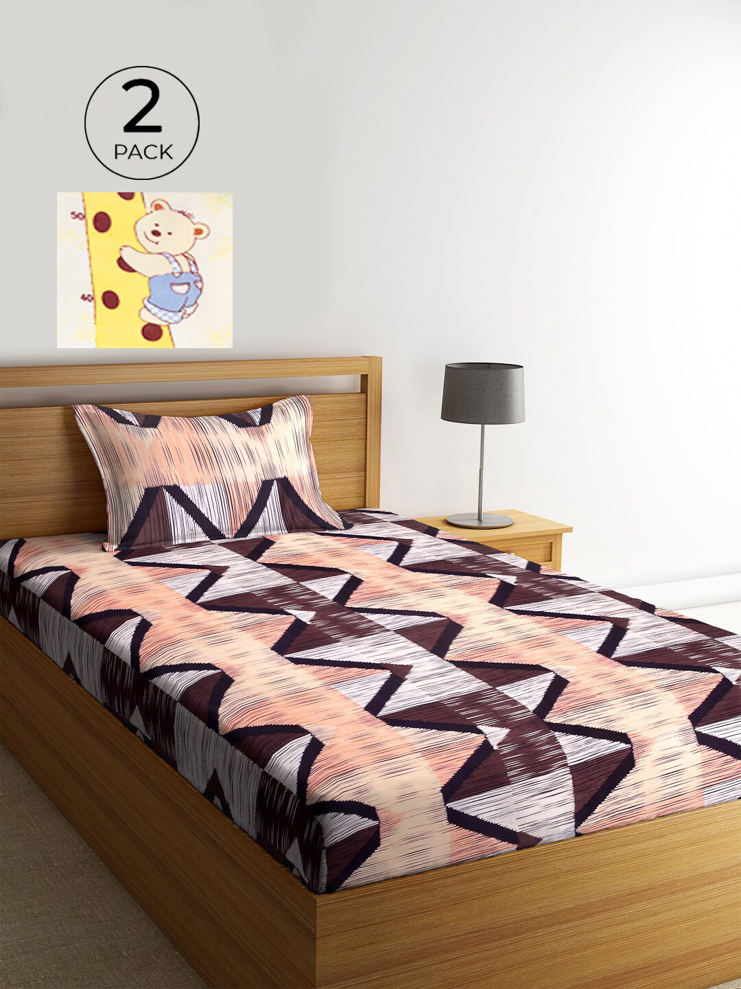 

KLOTTHE Peach-Coloured & Cream-Coloured Geometric 210 TC Polycotton 2 Single Bedsheet with 2 Pillow Covers
