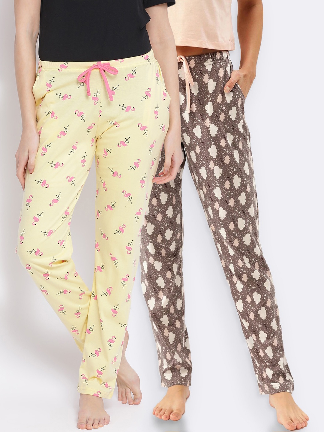 

Kanvin Women Pack of 2 Printed Pure Cotton Lounge Pants, Yellow