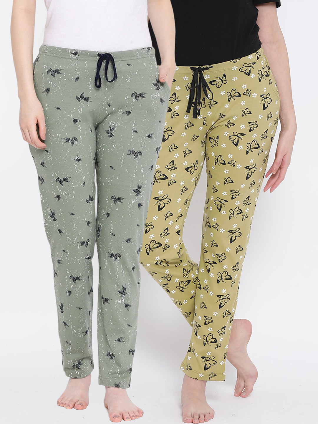 

Kanvin Women Pack of 2 Printed Pure Cotton Lounge Pants, Mustard