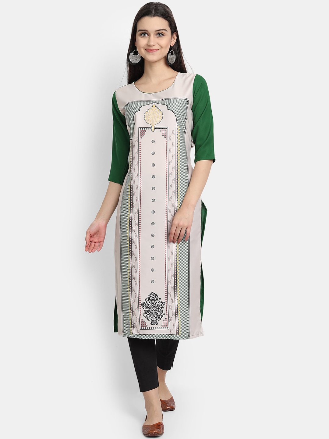 

Ethnic basket Women Off White & Green Ethnic Motifs Printed Straight Kurta