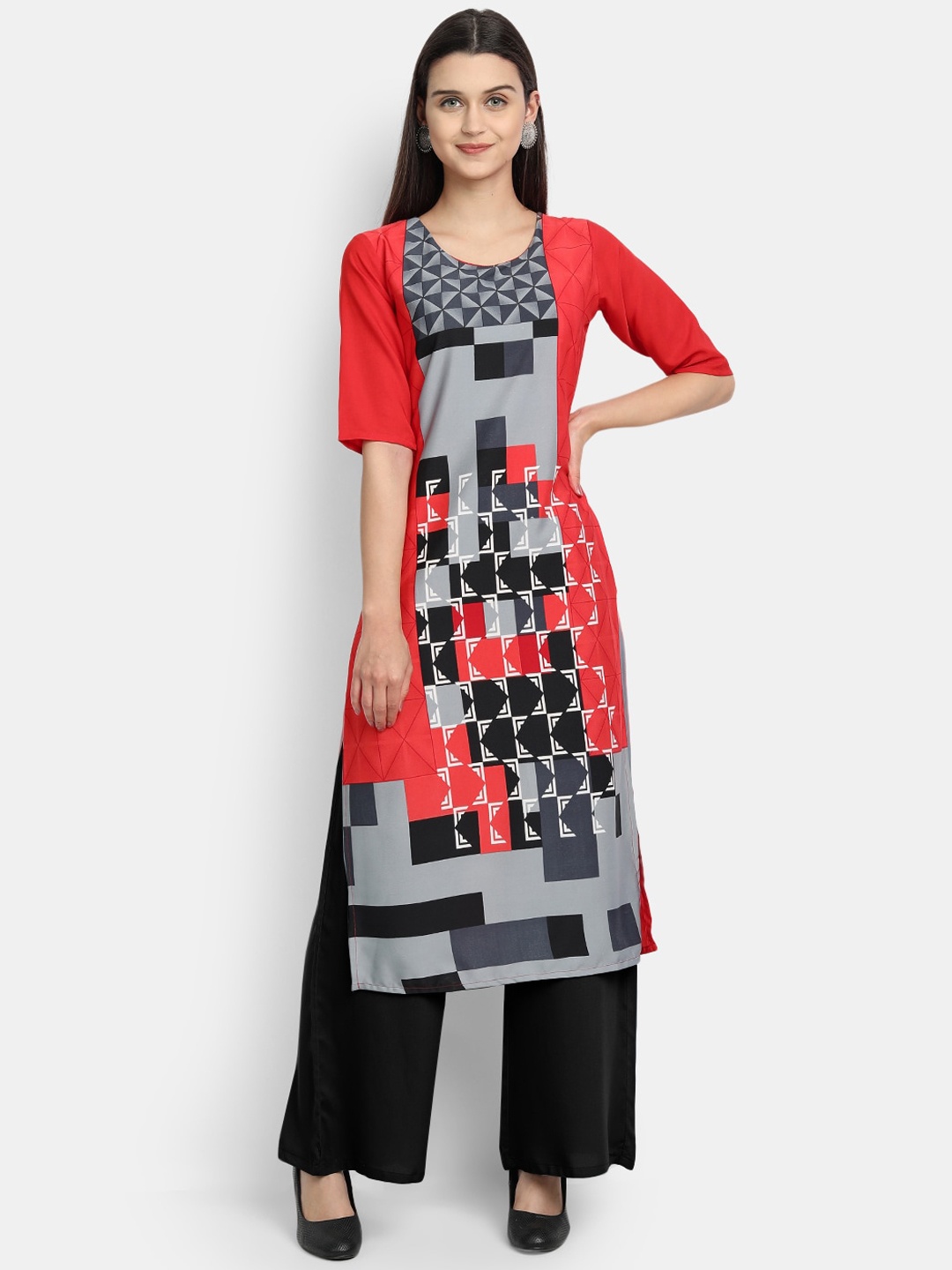 

Ethnic basket Women Red & Grey Geometric Printed Crepe Kurta