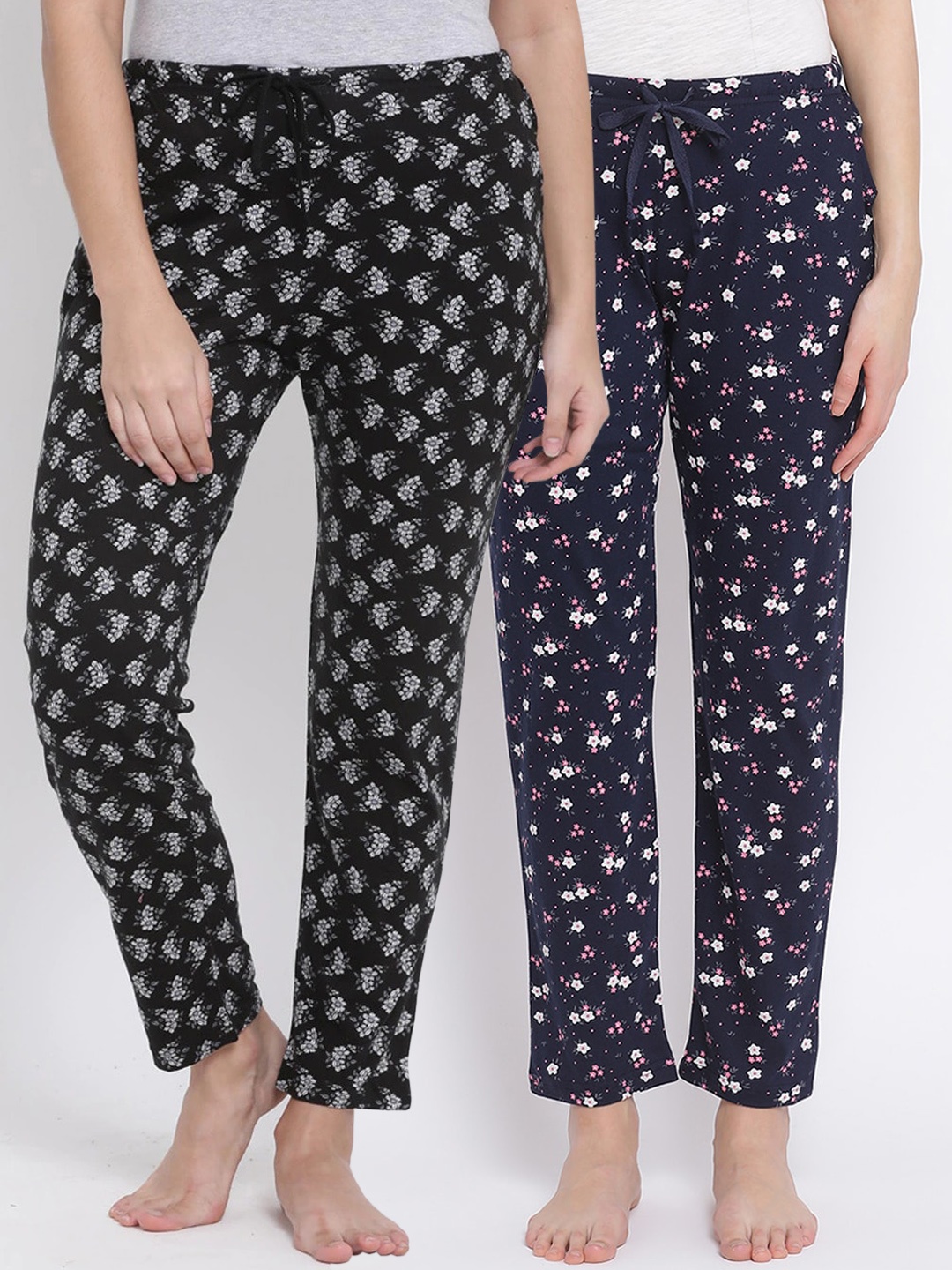 

Kanvin Women Pack of 2 Floral Print Pure Cotton Lounge Pants, Navy blue