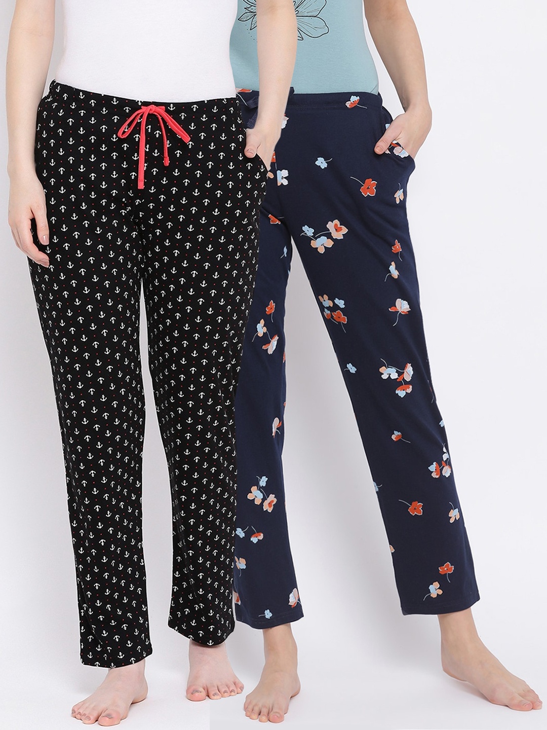 

Kanvin Women Set of 2 Navy Blue & Black Printed Cotton Lounge Pants