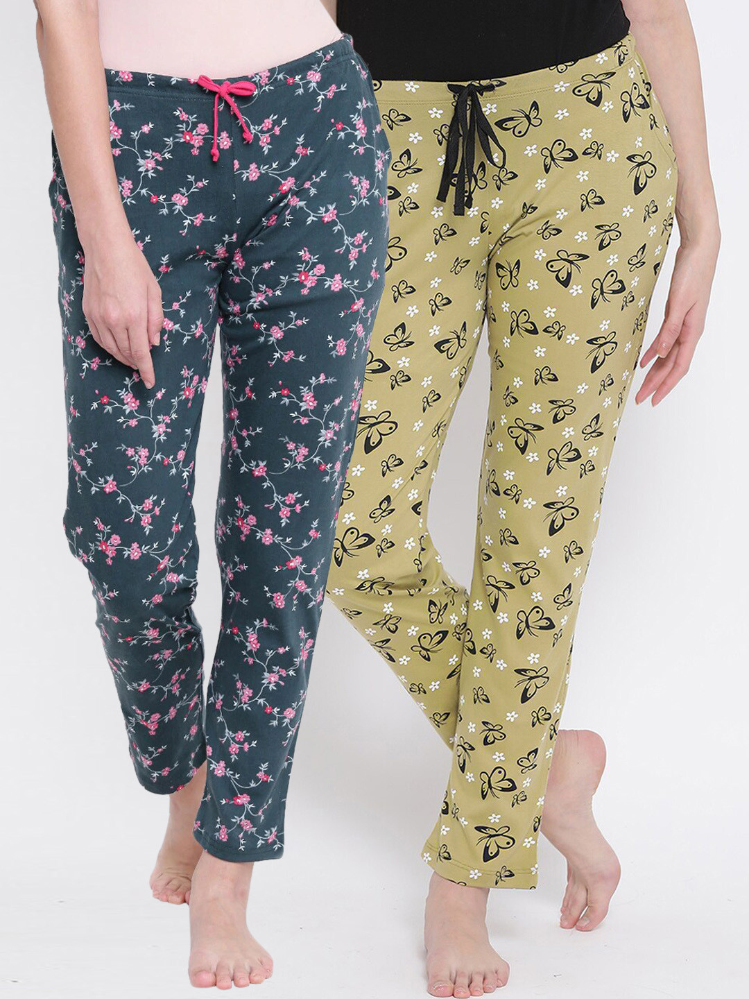 

Kanvin Women Pack of 2 Printed Pure Cotton Lounge Pants, Mustard