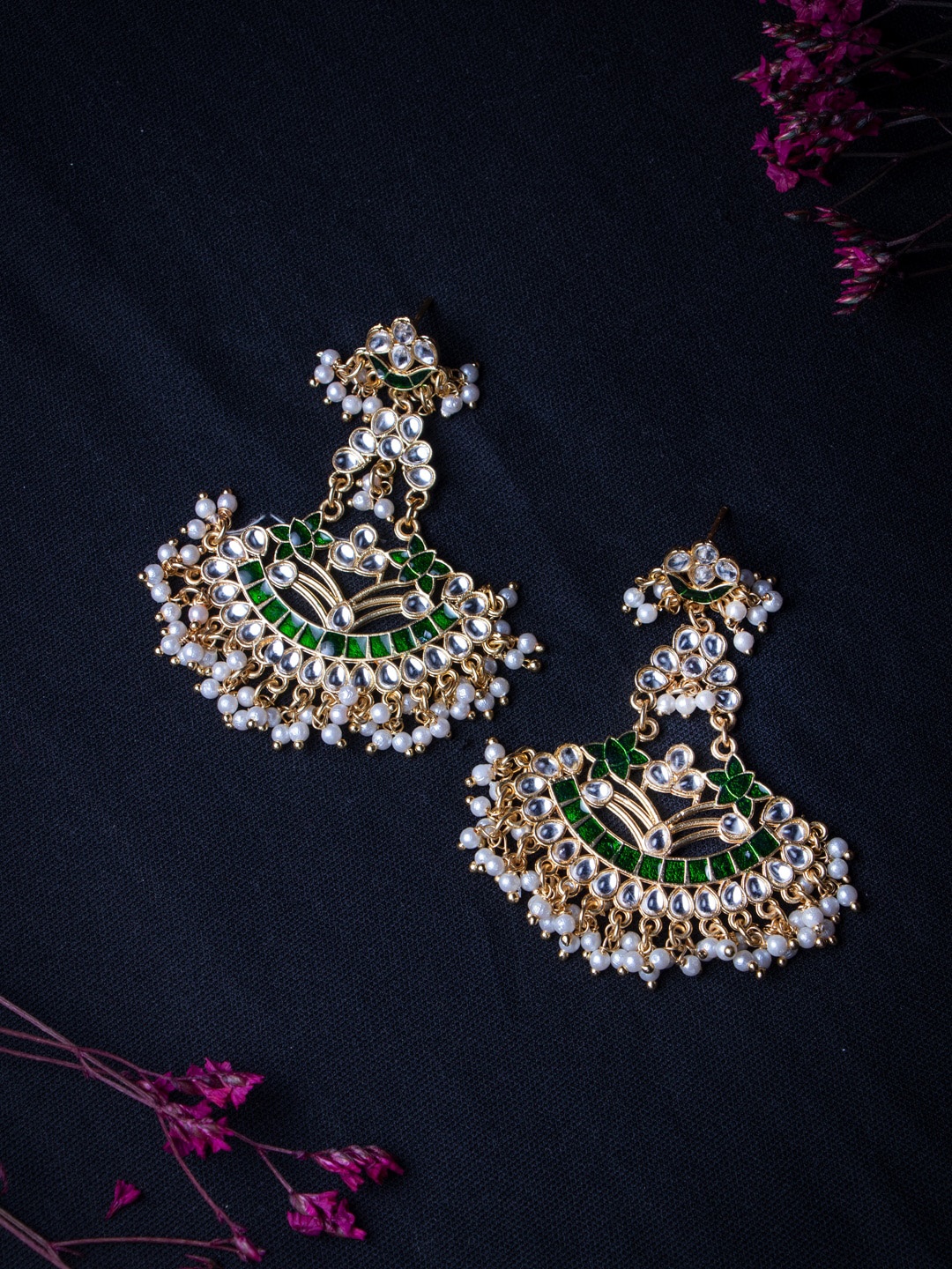 

MORKANTH JEWELLERY Green & White Gold-Plated Enamelled Classic Chandbalis