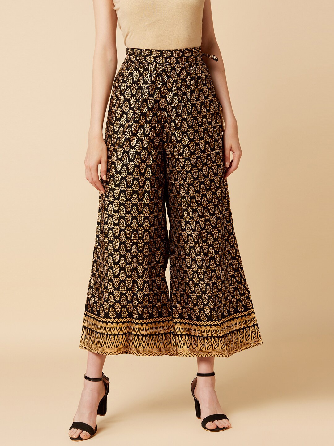 

Varanga Women Black & Gold-Toned Printed Wide Leg Palazzos