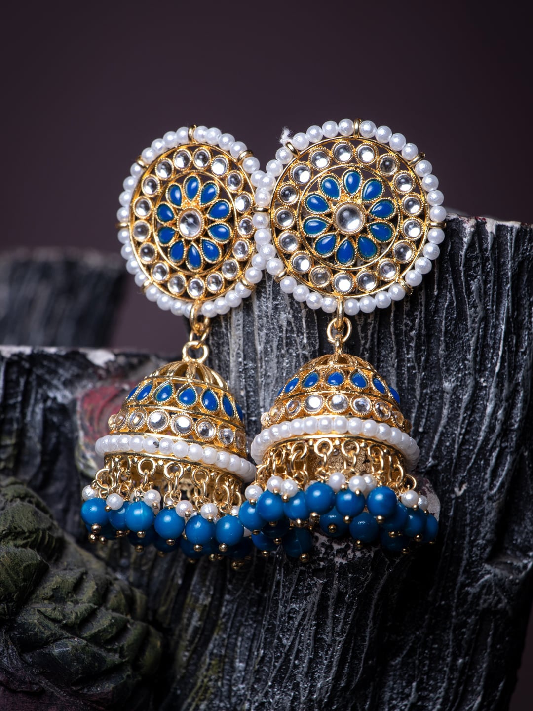 

MORKANTH JEWELLERY Blue Gold-Plated Handcrafted Dome Shaped Jhumkas