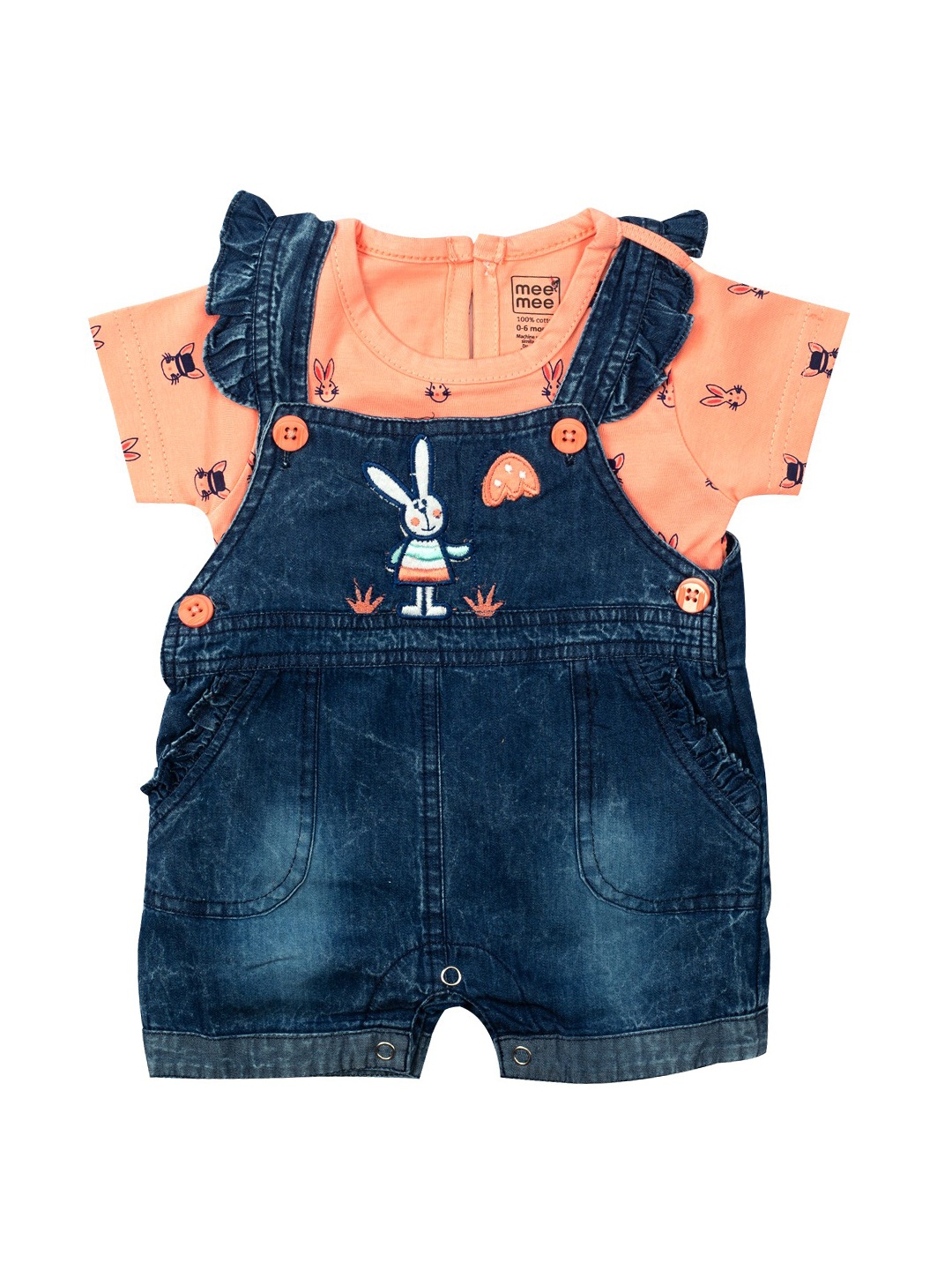 

MeeMee Infant Girls Peach-Coloured & Blue Printed T-shirt with Dungrees