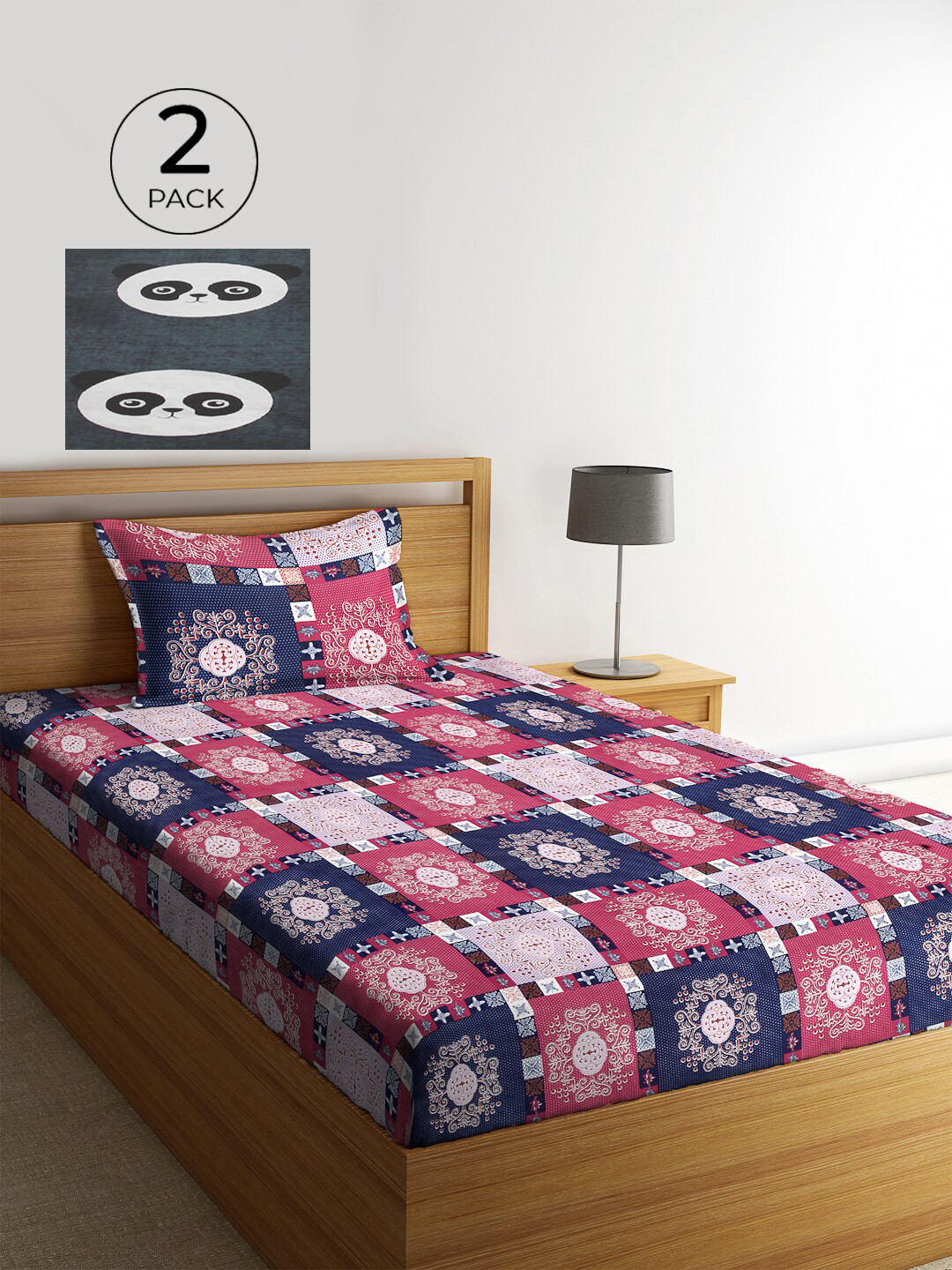 

KLOTTHE Grey & Pink Graphic 210 TC Polycotton 2 Single Bedsheet with 2 Pillow Covers