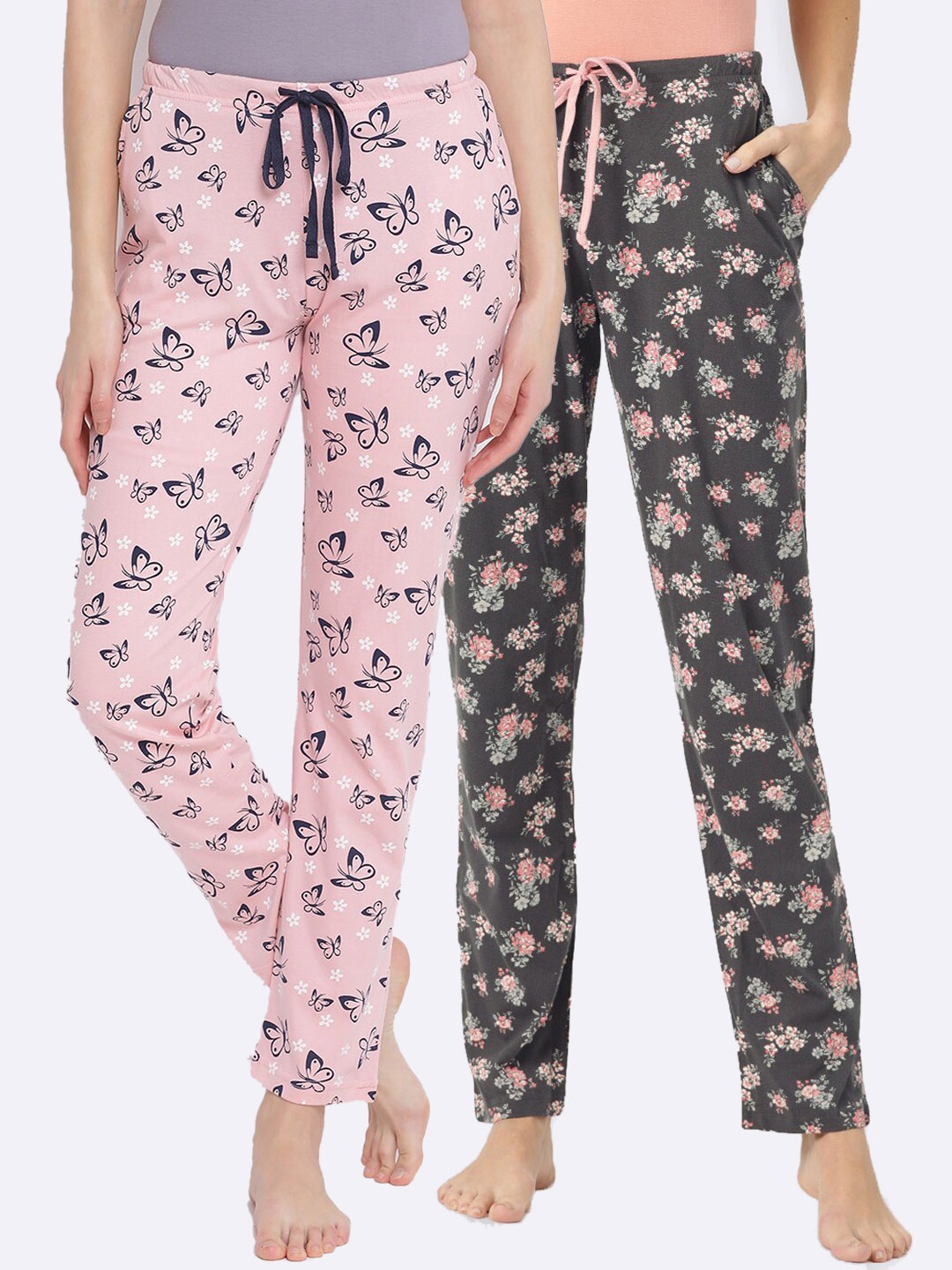 

Kanvin Women Pack of 2 Printed Pure Cotton Lounge Pants, Pink