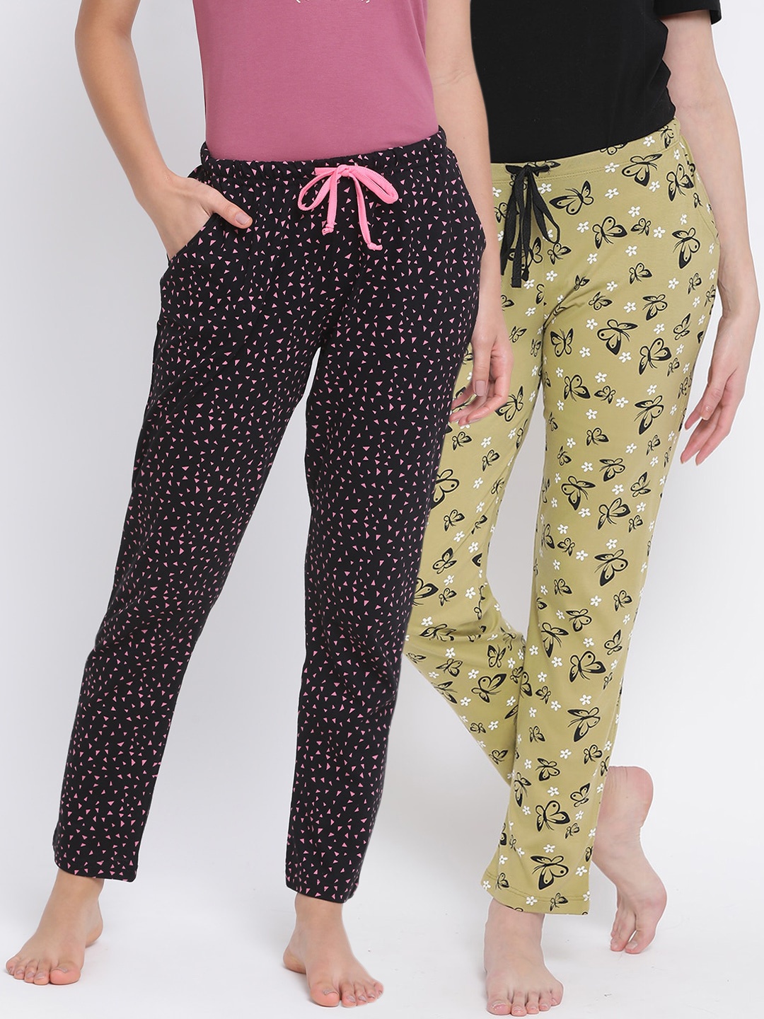 

Kanvin Women Pack of 2 Printed Pure Cotton Lounge Pants, Mustard