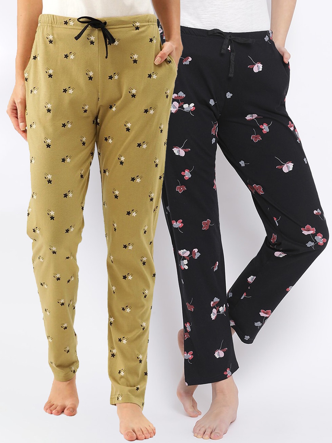 

Kanvin Women Pack of 2 Printed Pure Cotton Lounge Pants, Black