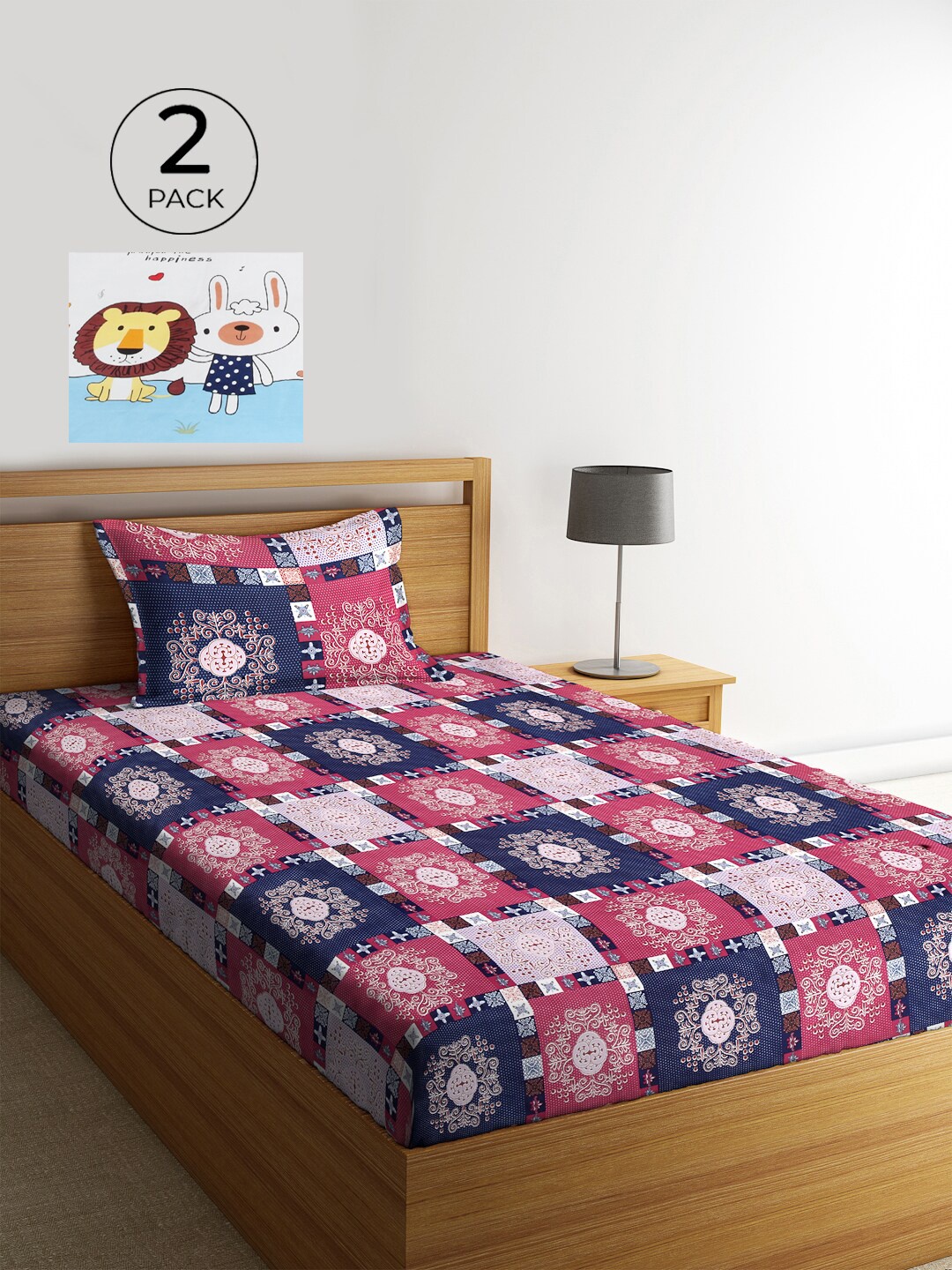 

KLOTTHE White & Blue Graphic 210 TC Polycotton 2 Single Bedsheet with 2 Pillow Covers