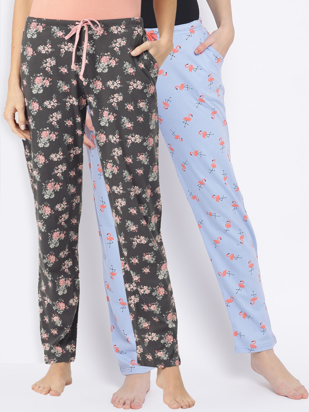 Kanvin Women Pack of 2 Printed Pure Cotton Lounge Pants, Blue