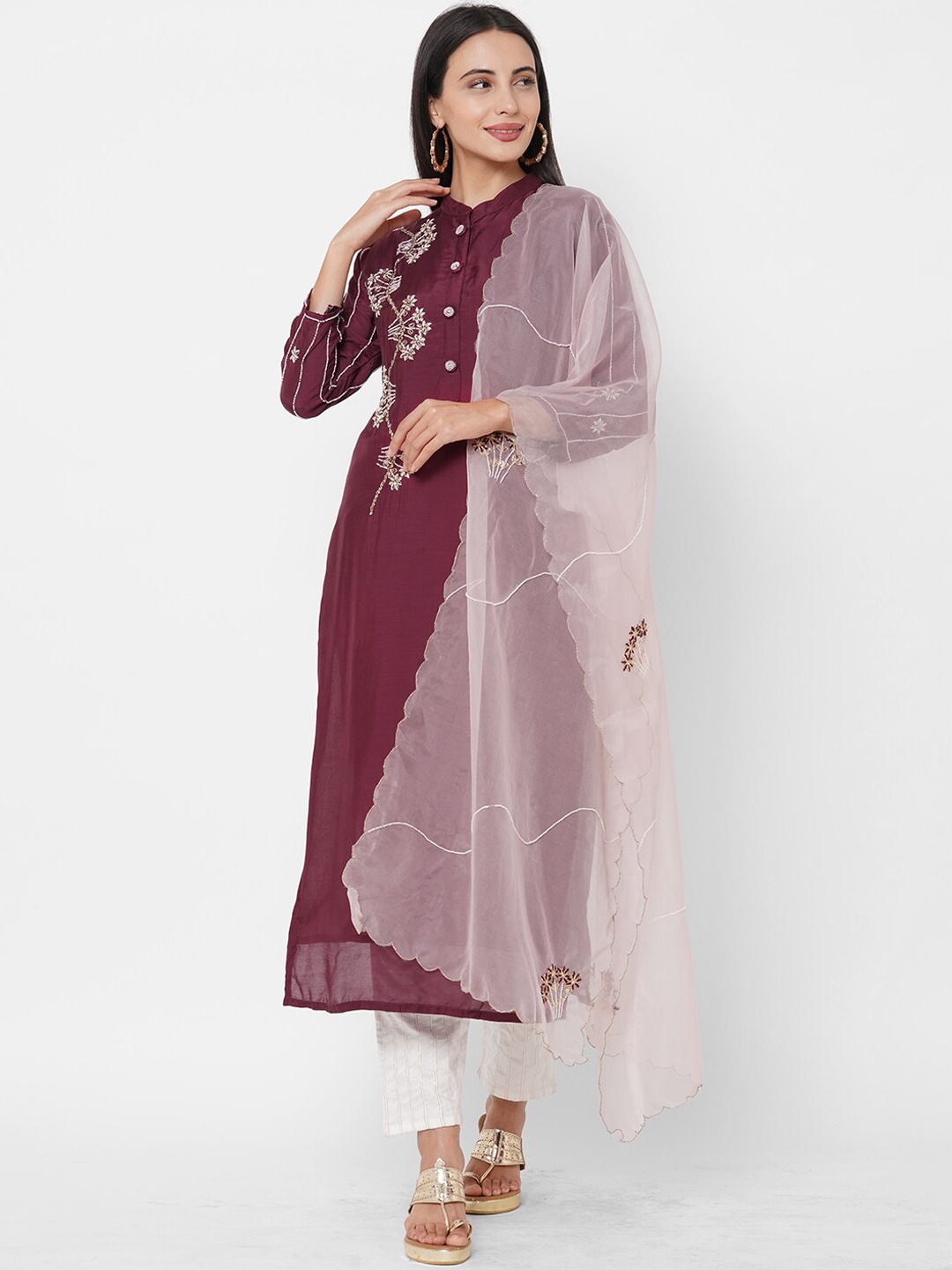 

FASHOR Women Maroon Floral Yoke Design Embroidered Kurta With Dupatta