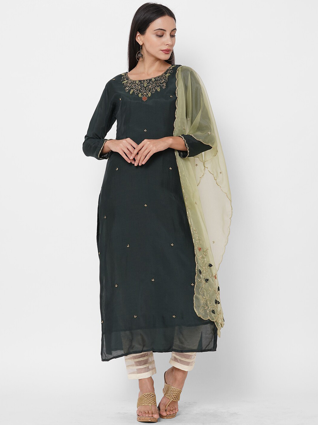 

FASHOR Women Green Embroidered Kurta with Dupatta