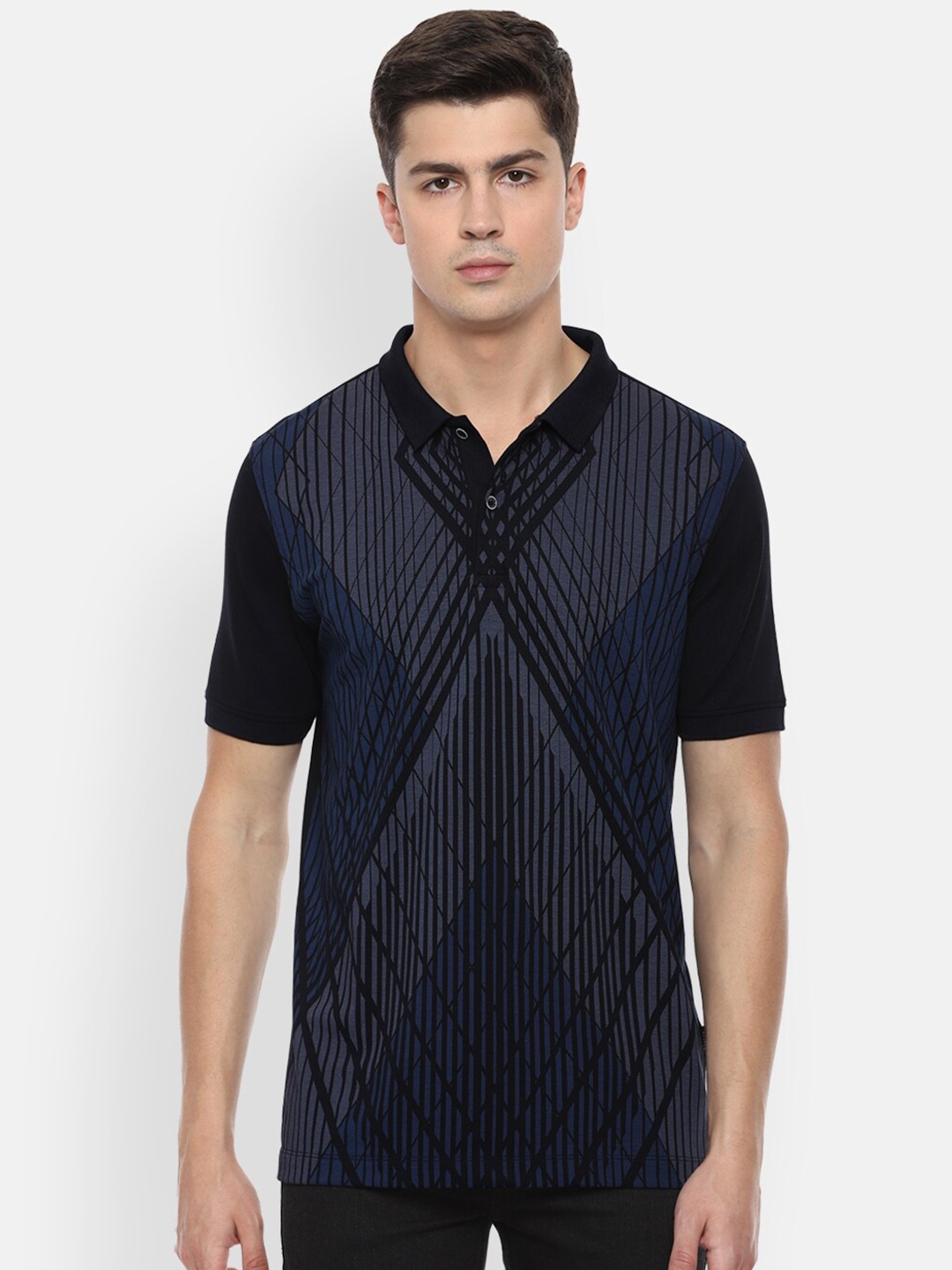 

Van Heusen Men Navy Blue Self Design Mandarin Collar T-shirt