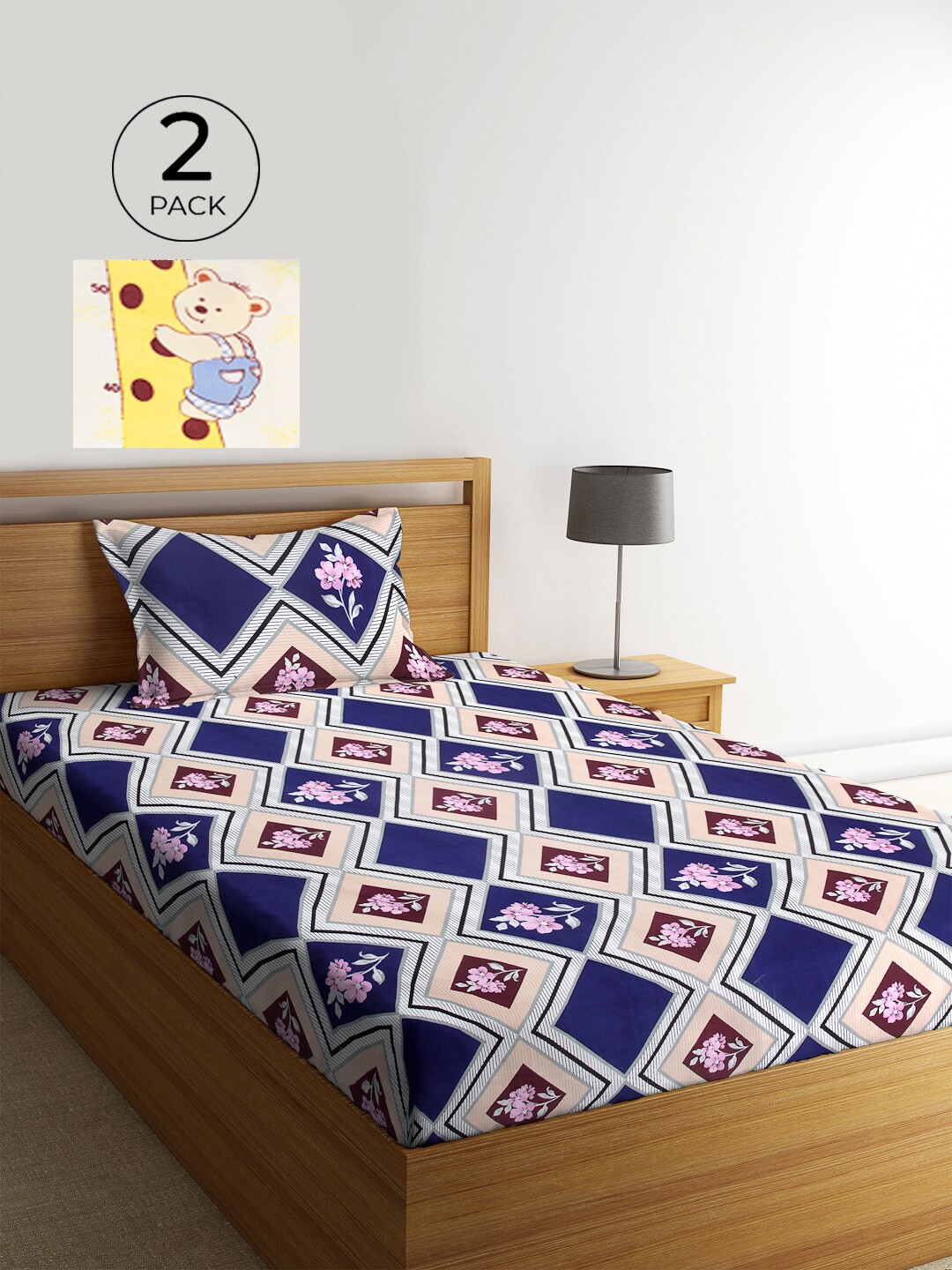 

KLOTTHE Blue & White Graphic 210 TC Polycotton 2 Single Bedsheet with 2 Pillow Covers