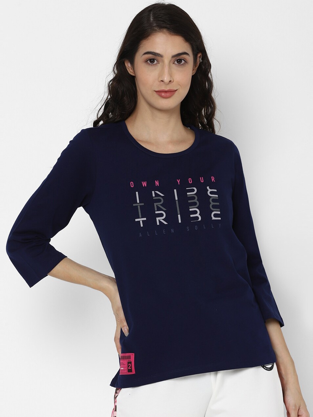 

Allen Solly Woman Women Navy Pure Cotton Printed Round Neck Pure Cotton T-shirt, Navy blue