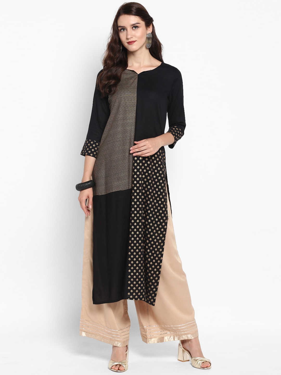 

Varanga Women Black & Beige Striped Panelled Straight Kurta & Palazzos