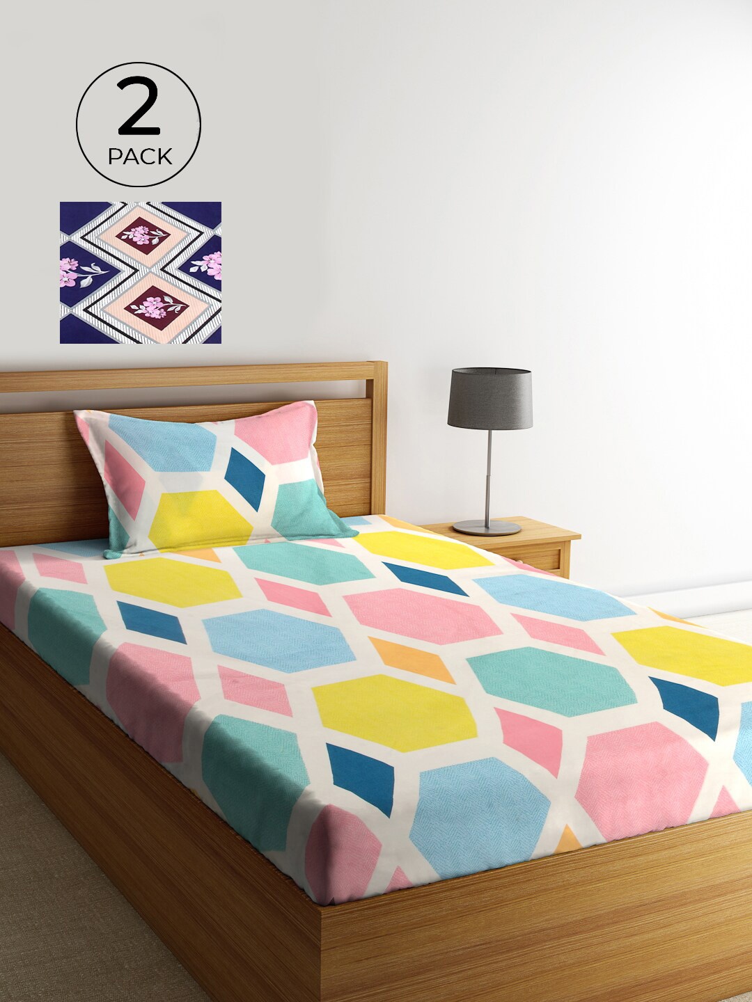 KLOTTHE Pink & Blue Geometric 210 TC Polycotton 2 Single Bedsheet with 2 Pillow Covers