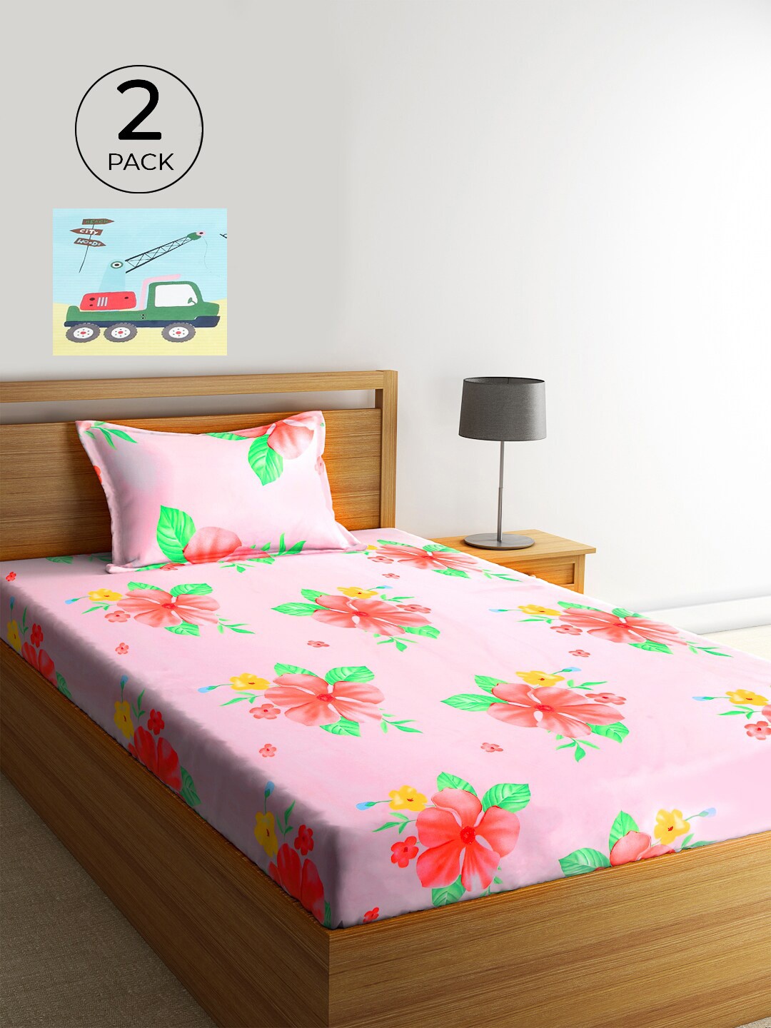 

KLOTTHE Pink & Yellow 300 TC Cotton Blend 2 Single Bedsheet with 2 Pillow Covers